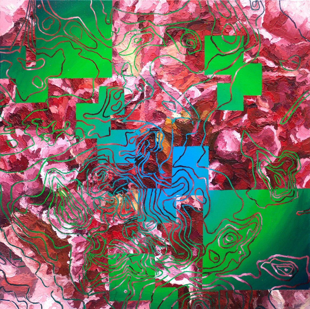 This photograph documents a square abstract paining which resembles both a topographical map and an azalea bush. It is bright green, pink, and blue, and the composition contains both meandering lines and hard-edged squares.
