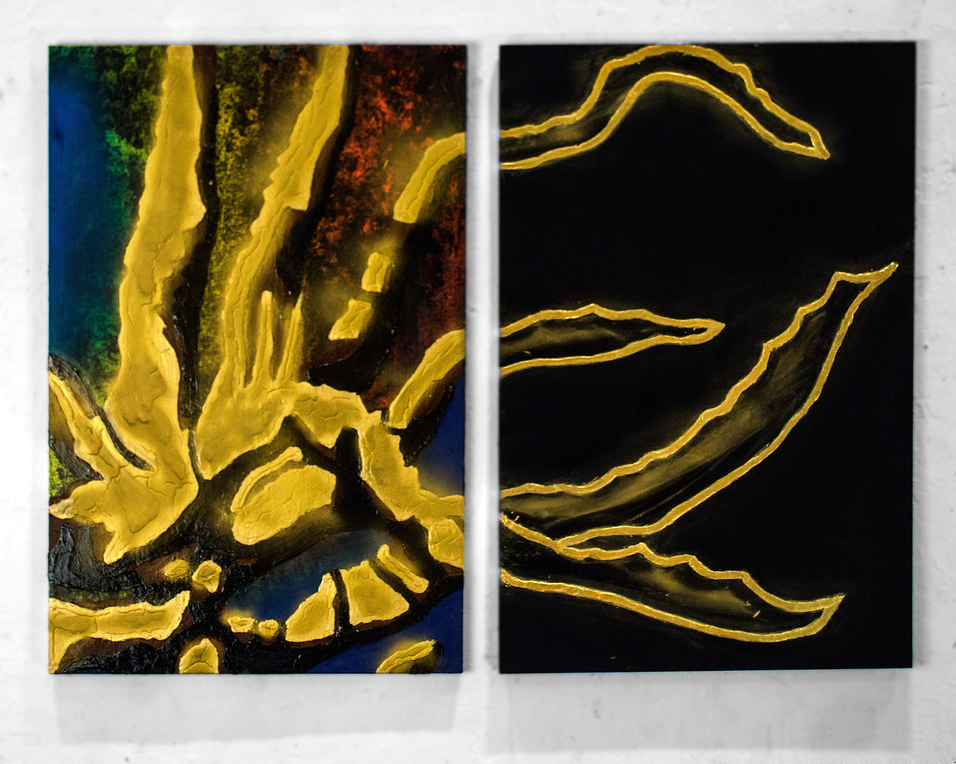 This photograph documents an abstract diptych. The dominent forms in the painting resemble aloe vera or cacti. There is a colorful panel with gold, orange, green, and blue areas, and there is a minimal panel, with is mostly black.