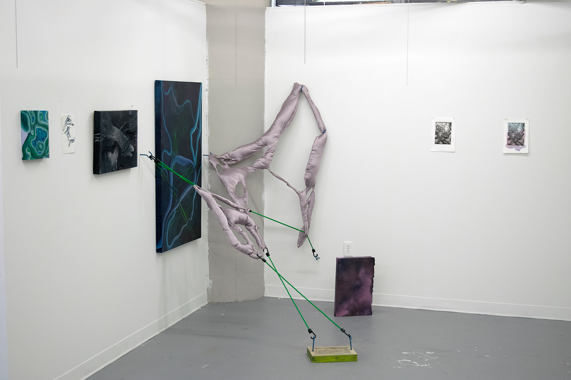 This photograph documents one half of an art installation. It includes several types of images and objects including paintings, drawings, and prints. There is a large soft sculpture in the middle, which is made of stuffed fabric suspended in space with bungee cords.