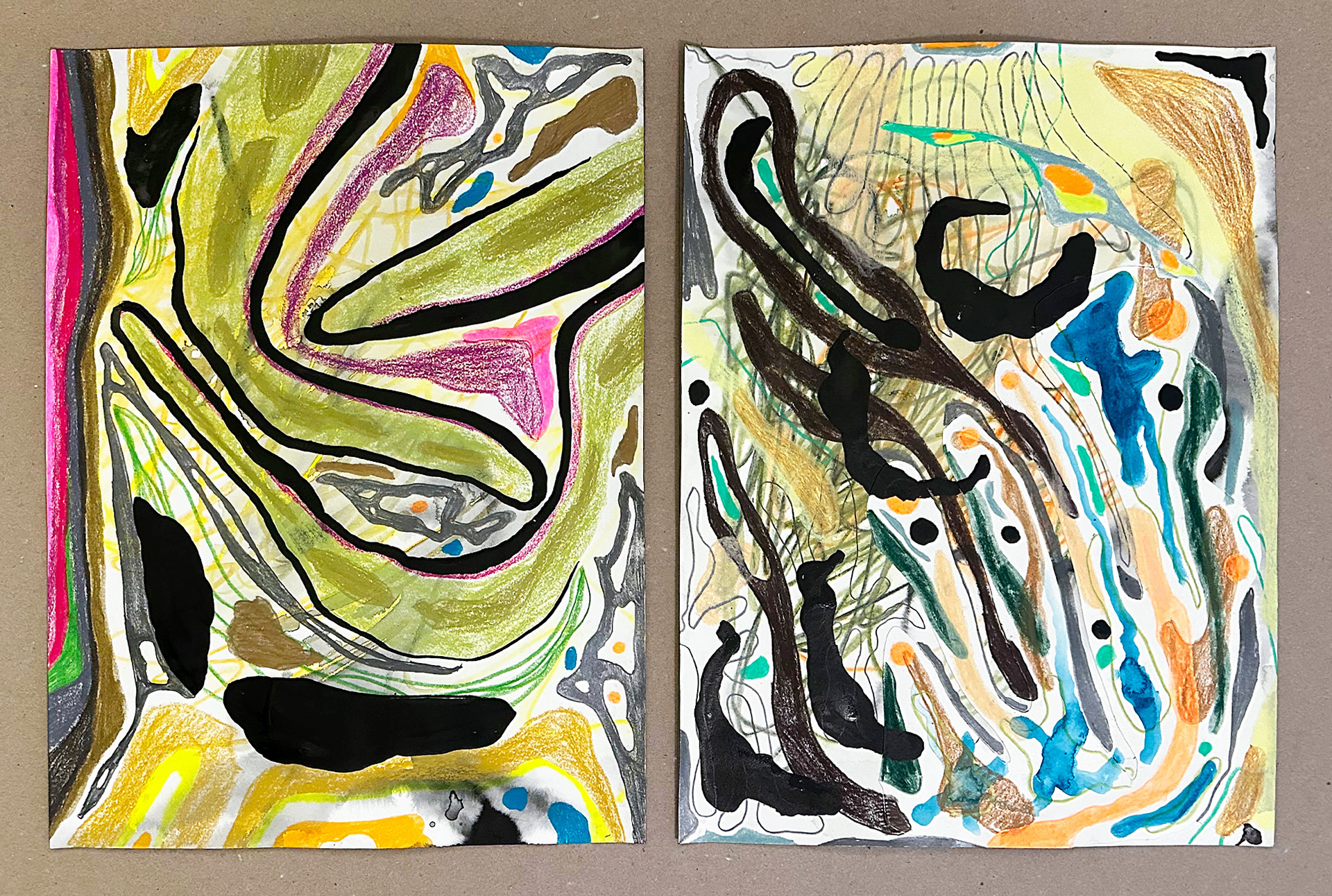 A diptych of 16x12 inch mixed media drawings on paper. The left panel features sweeping, serpentine bands of moss green and magenta wax pastel outlined in bold black ink, creating a fluid, topographical rhythm. The right panel consists of a dense, vertical network of turquoise and gold washes intersected by dark brown calligraphic marks and fine, wandering graphite lines. Both works use ink, wax pastel, and colored pencil to evoke organic, reptilian textures and intricate skeletal patterns.