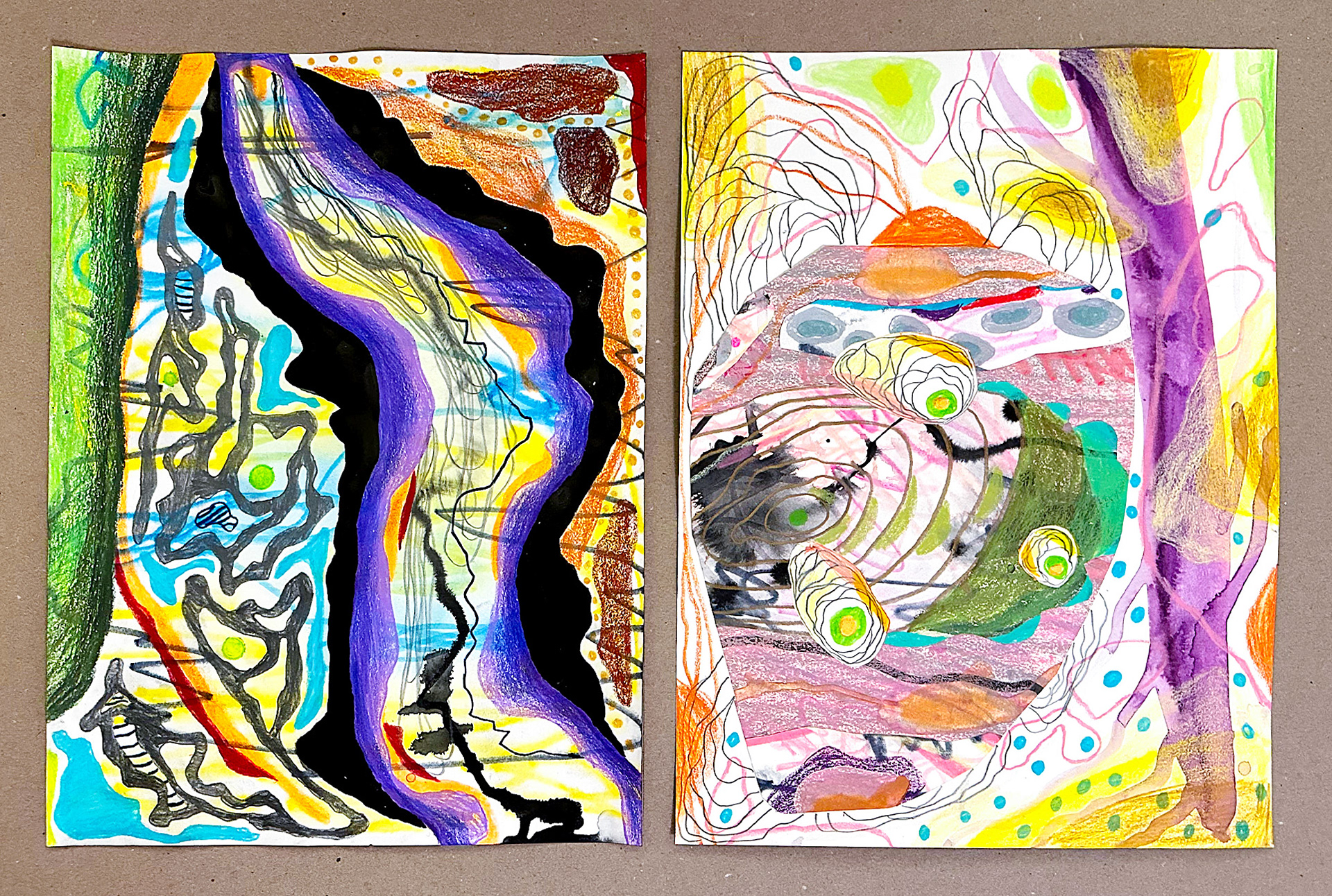 A diptych of 16×12 inch mixed media drawings on paper. The left panel features a large, central violet-blue wash with branching graphite tendrils and delicate yellow accents, surrounded by deep black shapes. The right panel displays stacked horizontal bands of orange-red, deep green, and blue-grey washes, overlaid by a network of thin black lines that compartmentalize the frame. Both works utilize ink, wax pastel, and colored pencil to create complex topographical textures and intricate, interwoven patterns.