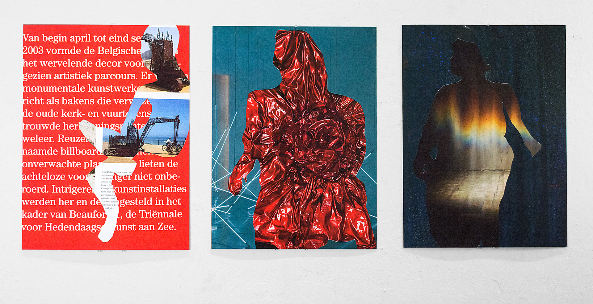 A photographic triptych of mixed media collages featuring human silhouettes. The left panel shows a white silhouette cut from a red background of Dutch text, revealing industrial seaside imagery. The central panel features a figure composed of crumpled, metallic red fabric against a teal backdrop with radiating white lines. The right panel displays a dark silhouette against a starry blue background, with a warm, glowing light effect visible through the torso. Each panel explores figure-ground relationships through distinct textures and light.