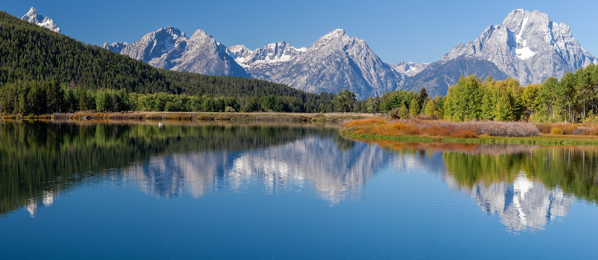 Reflection of Grand Teton over the forest