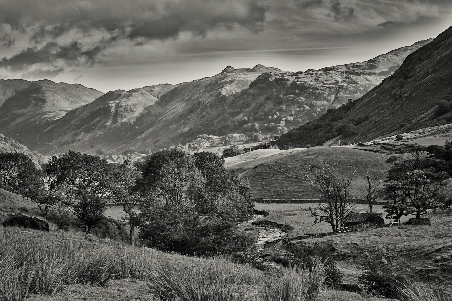 Lower Causton Beck looking towards Hartsop and high Street tops