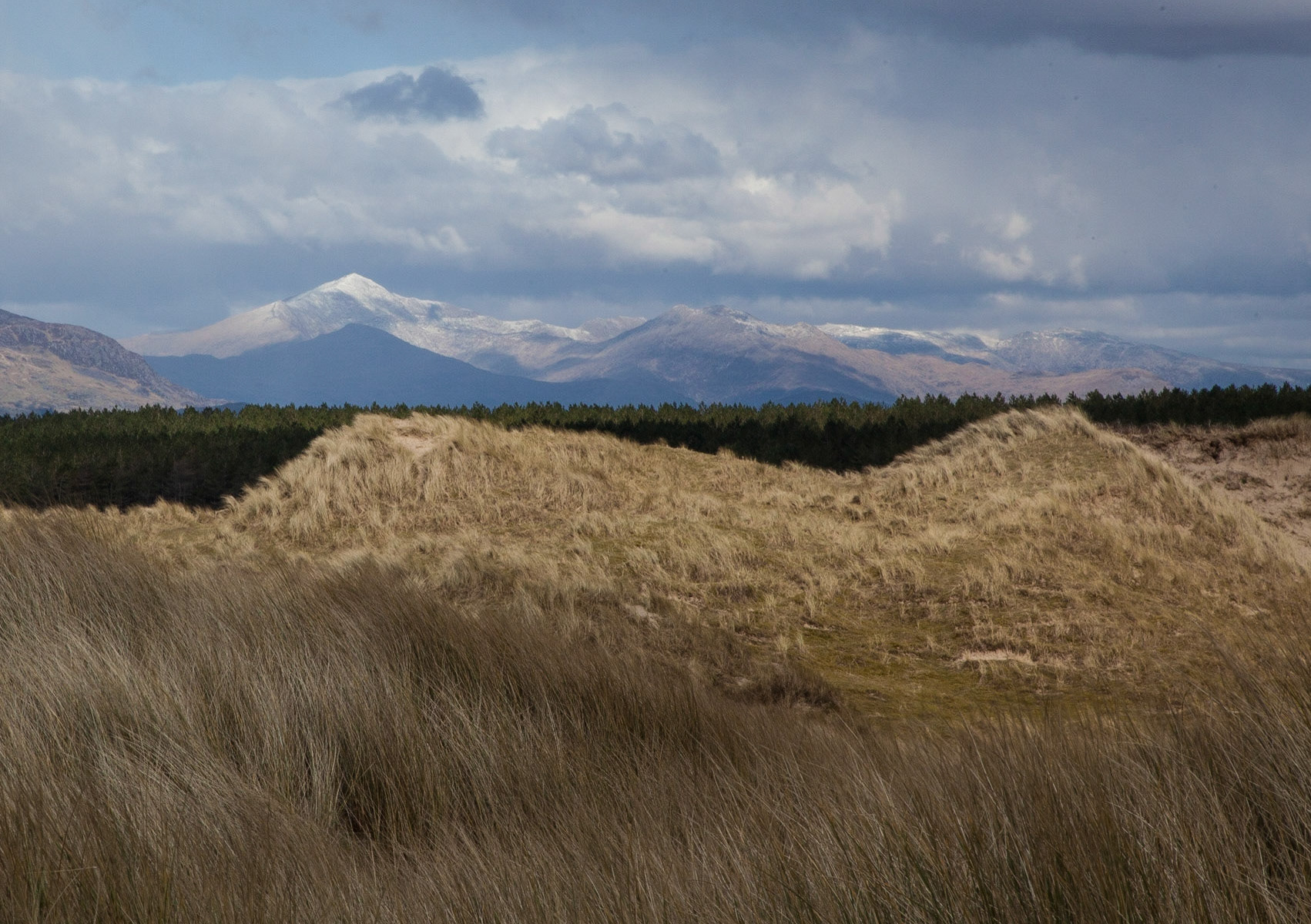 Snowdon from marron grass dunes at Harlech