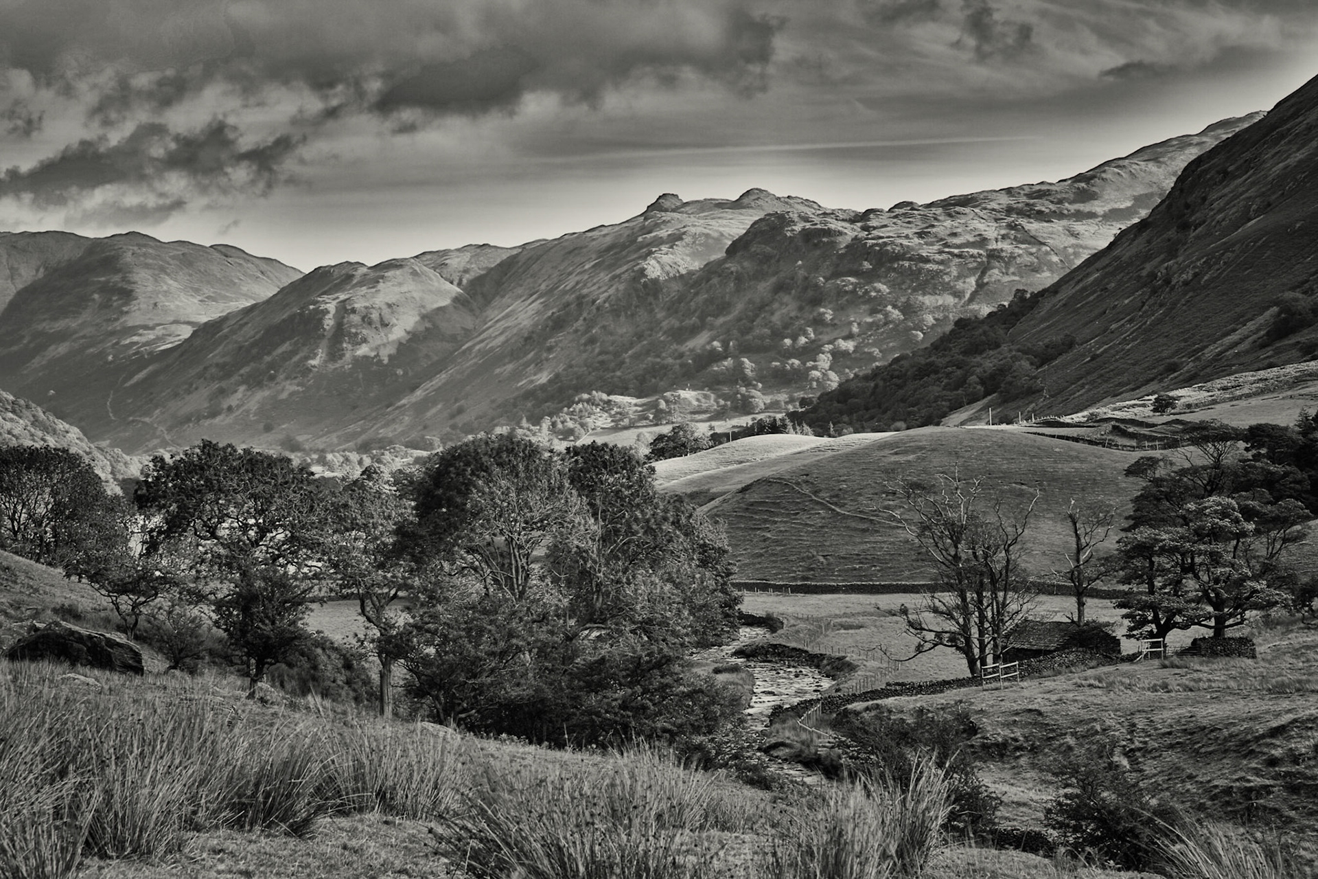 Lower Causton Beck looking towards Hartsop and high Street tops