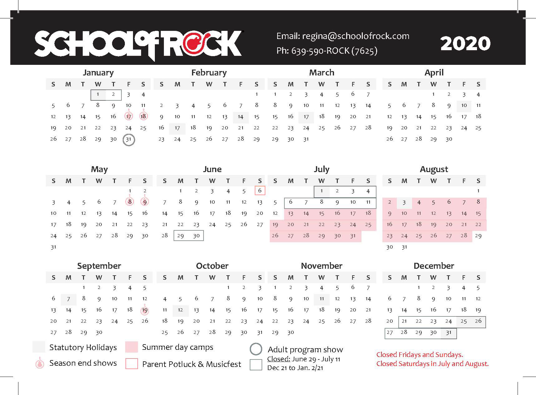 School of Rock Regina 2020 Calendar