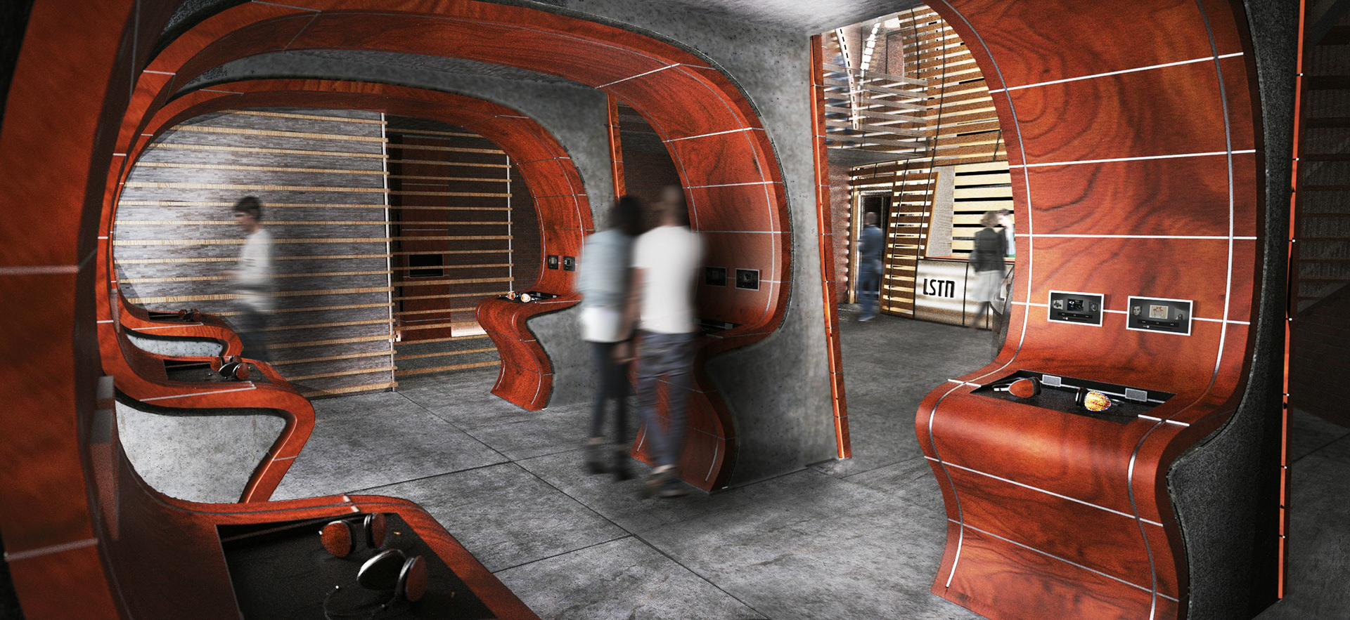 Retail Rendering depicting the custom retail experience designed to reflect the product and promote a customer guided listening experience.