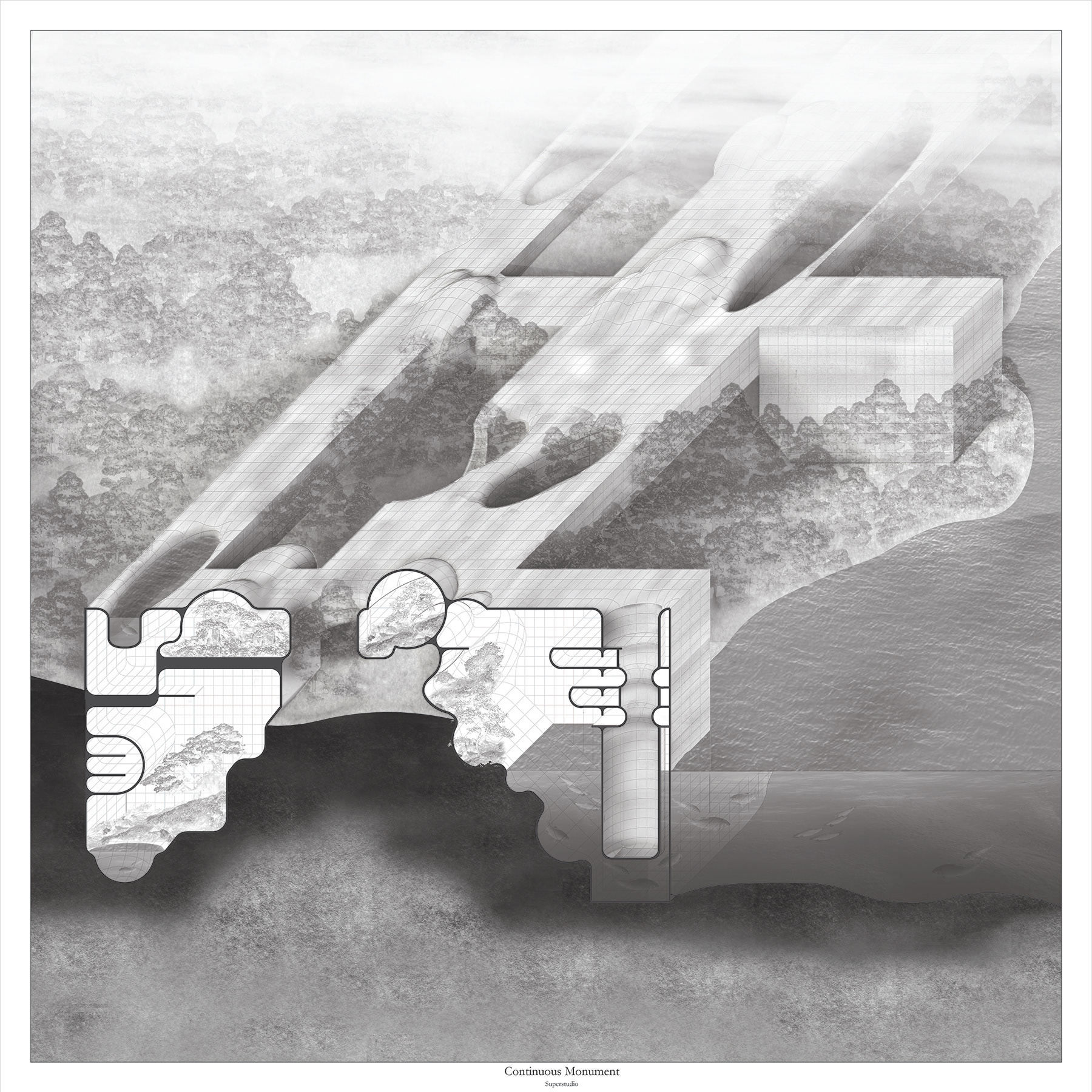 Section Isometric of The Continuous Monument as designed by Superstudio exploring the potentials of blending inside and outside space within the continuous grid.