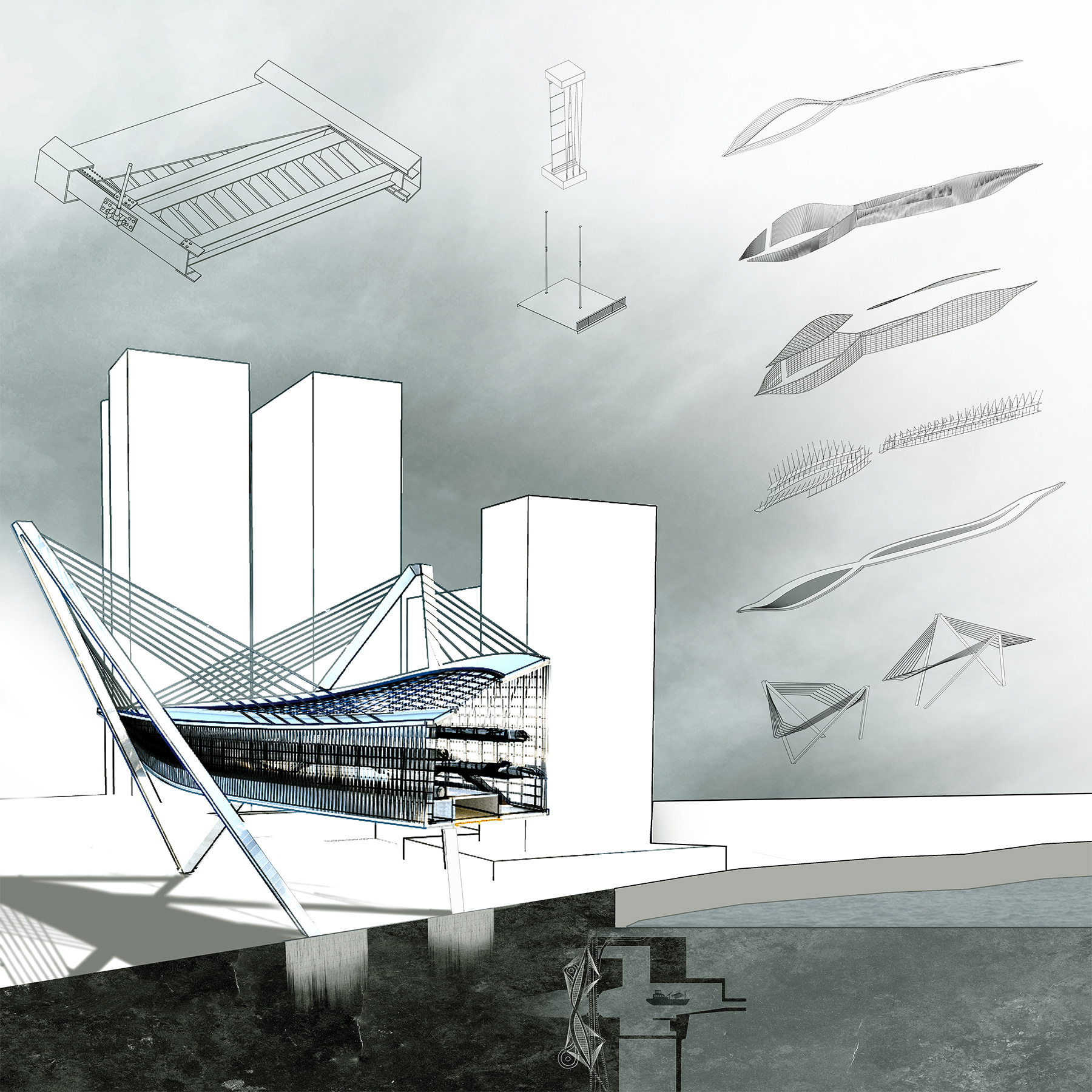 Detail Section and Exploded Details showing the prefabricated and segmented construction of the steel components of the project made possible by the direct access to Lake Michigan