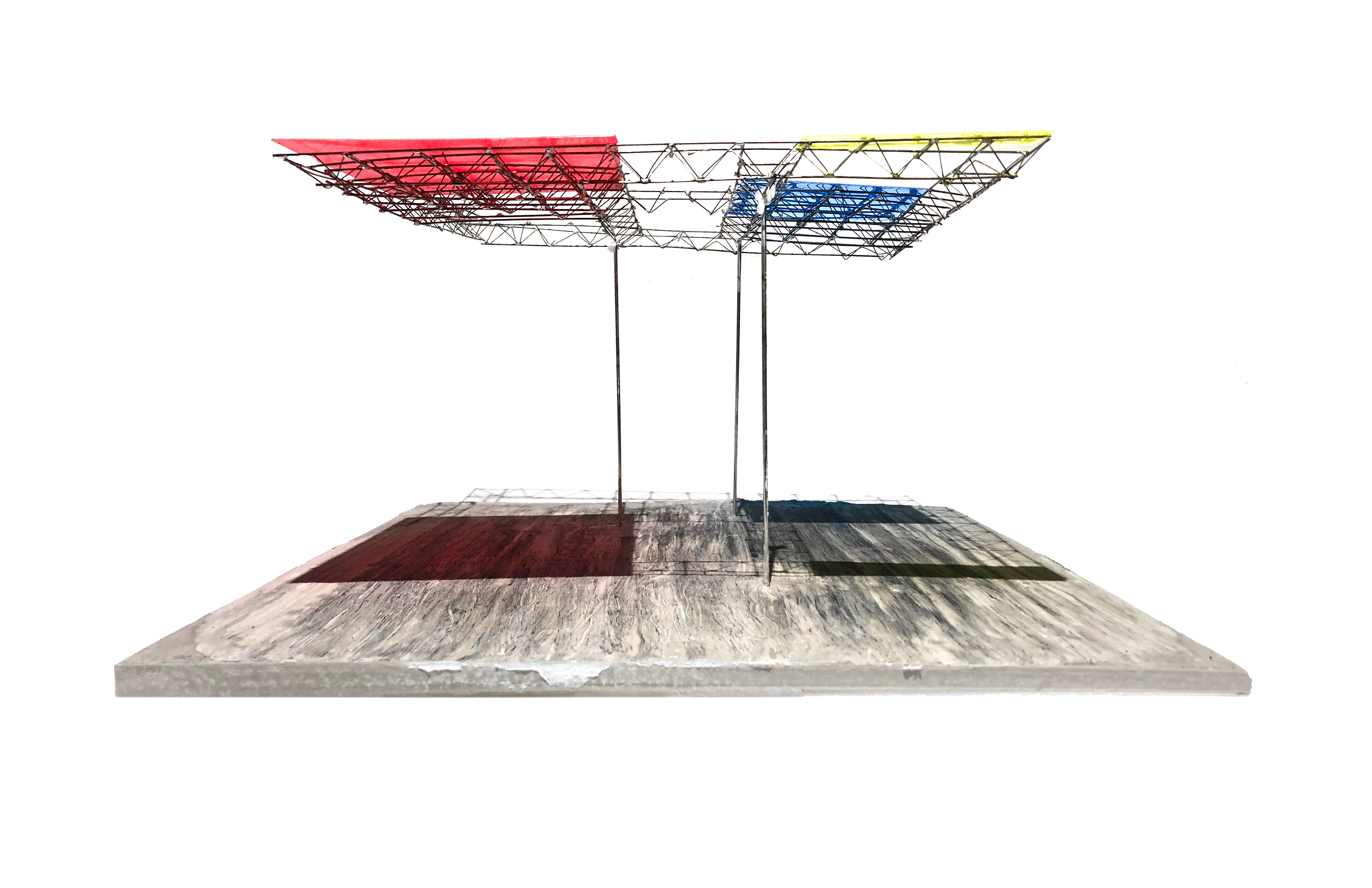 Mondrian Canopy Model fabricated with soldered rods and translucent colored acrylic showcasing the nature of projected delineation of space.