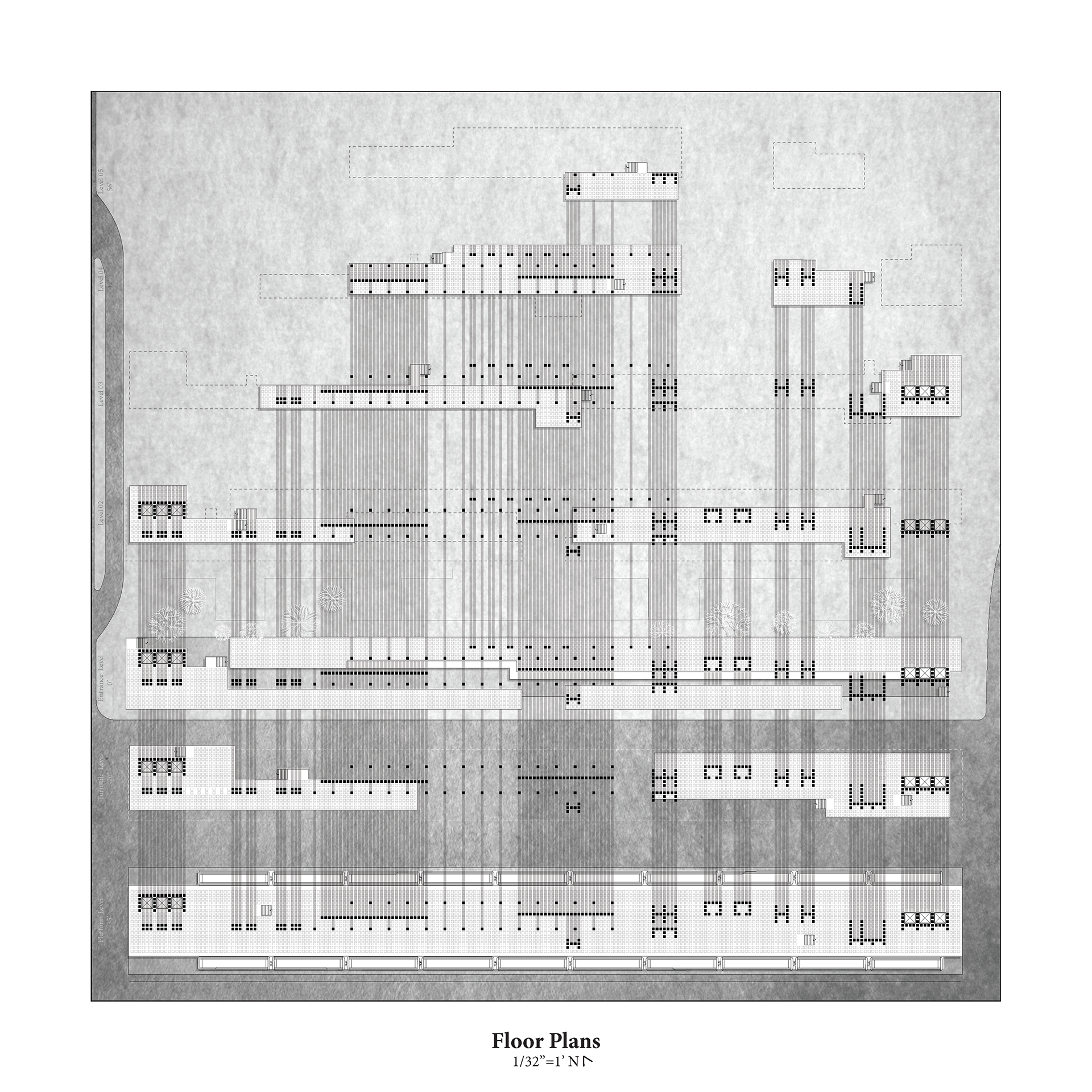Plan Drawing showing the disbursement of cast columns throughout the 7 story structure from subterranean to over 50’ above street level.