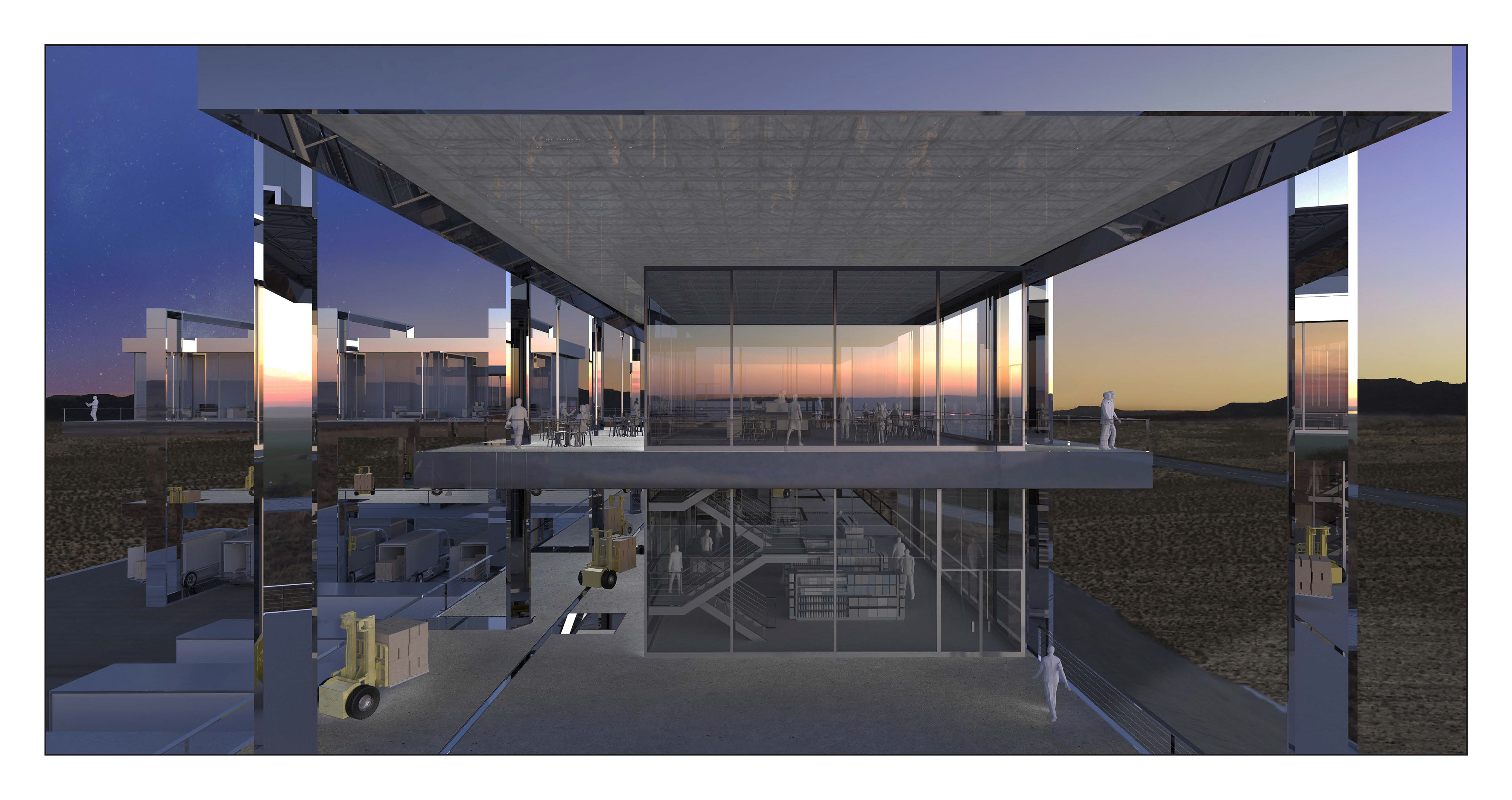 Perspective showing the reflective structure and transparent walls creating a liminal space where the viewer is drawn in by the depth and simultaneously ejected by their reflected surroundings.