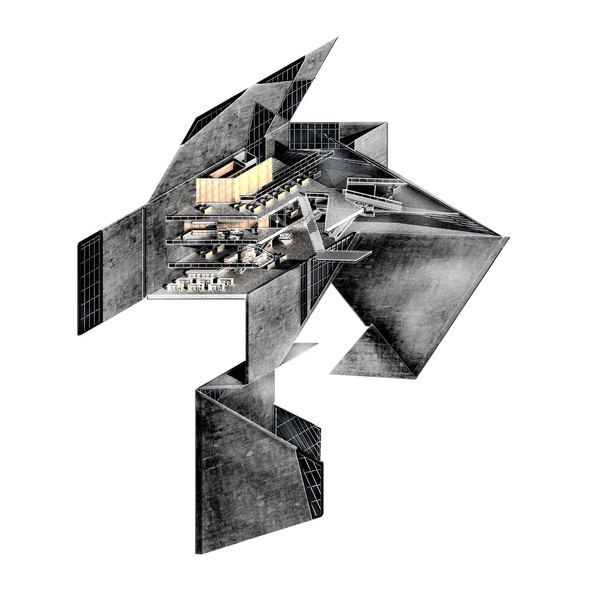 Unfolded Axonometric Drawing depicting the interconnection within the deconstructed visitor center.