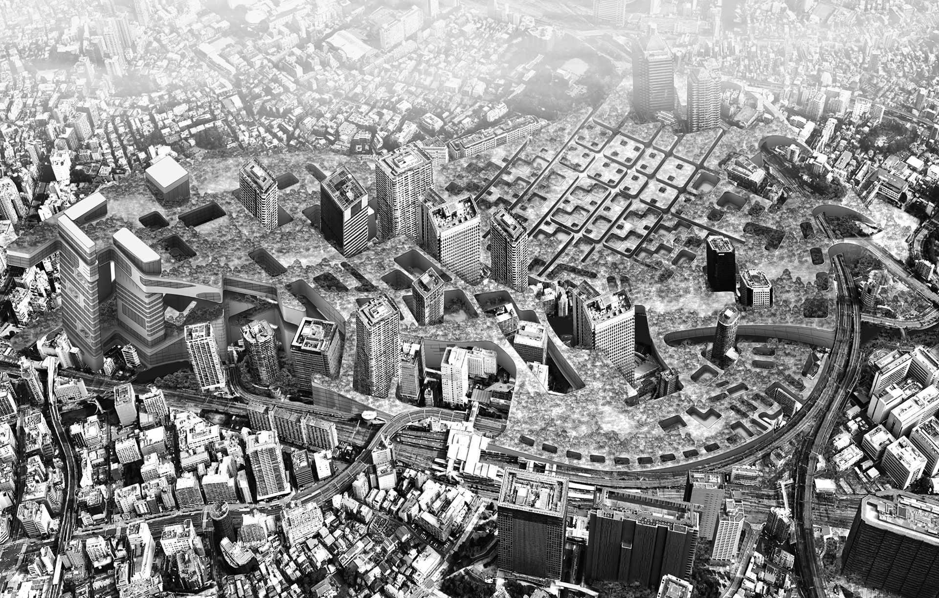 Urban Figure Collage depicting how the forest and hills of rural Japan can be brought into Southern Tokyo to promote new social lifestyles and environments.