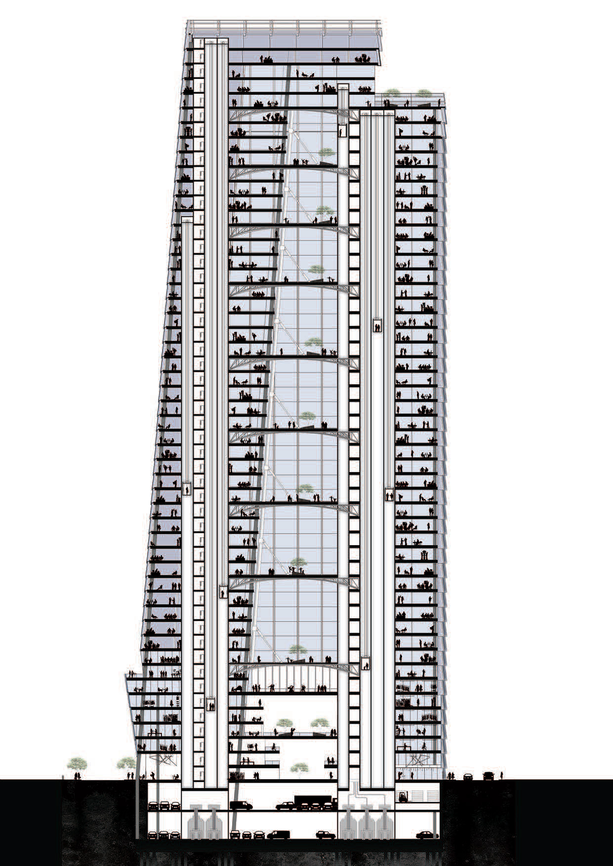 Programmatic Section illustrating the public atriums, integrated structure, earthquake dampers, below-grade program, and ground condition.
