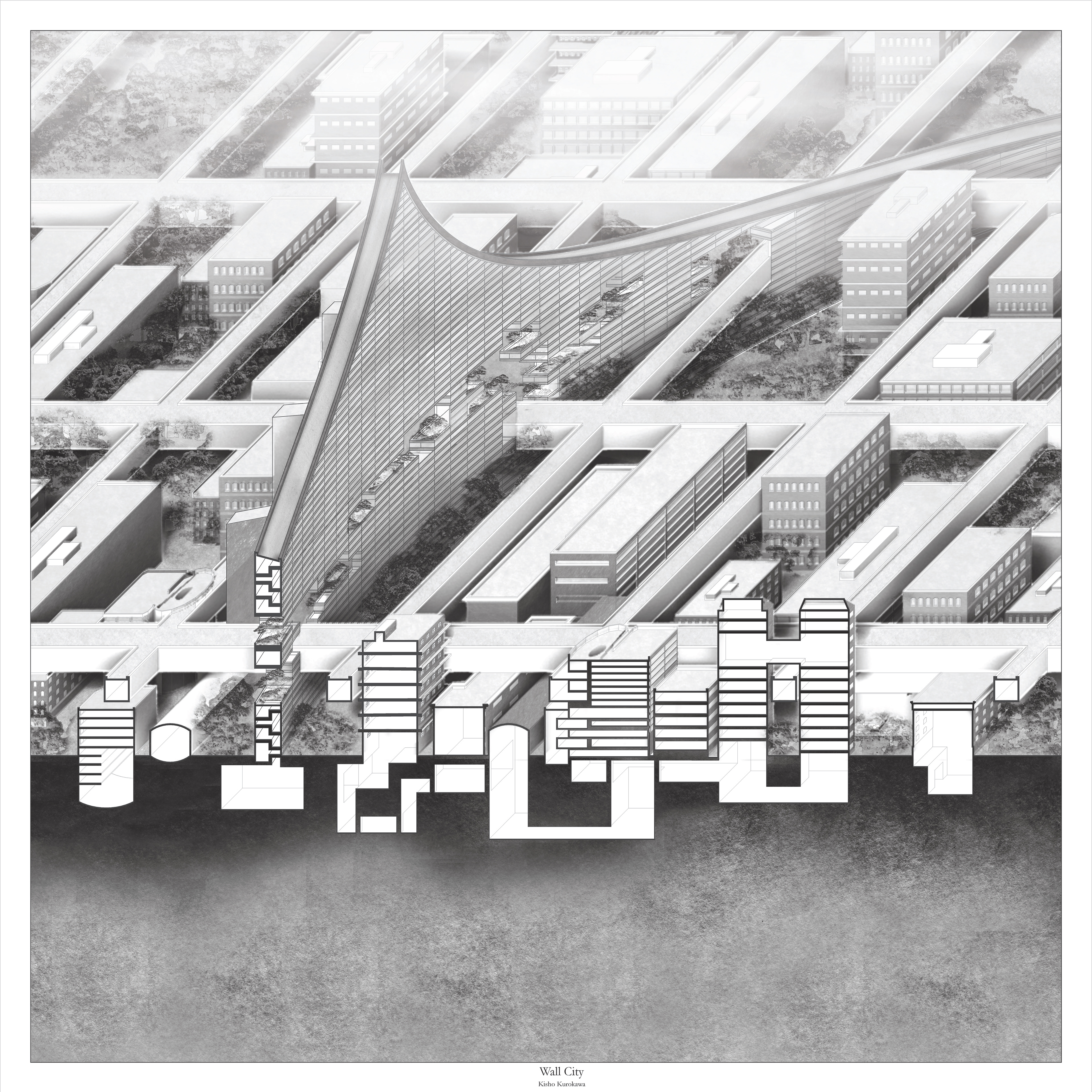 Section Isometric of The Wall City as designed by Kisho Kurokawa exploring the potentials of in-between sectional space within the structure.