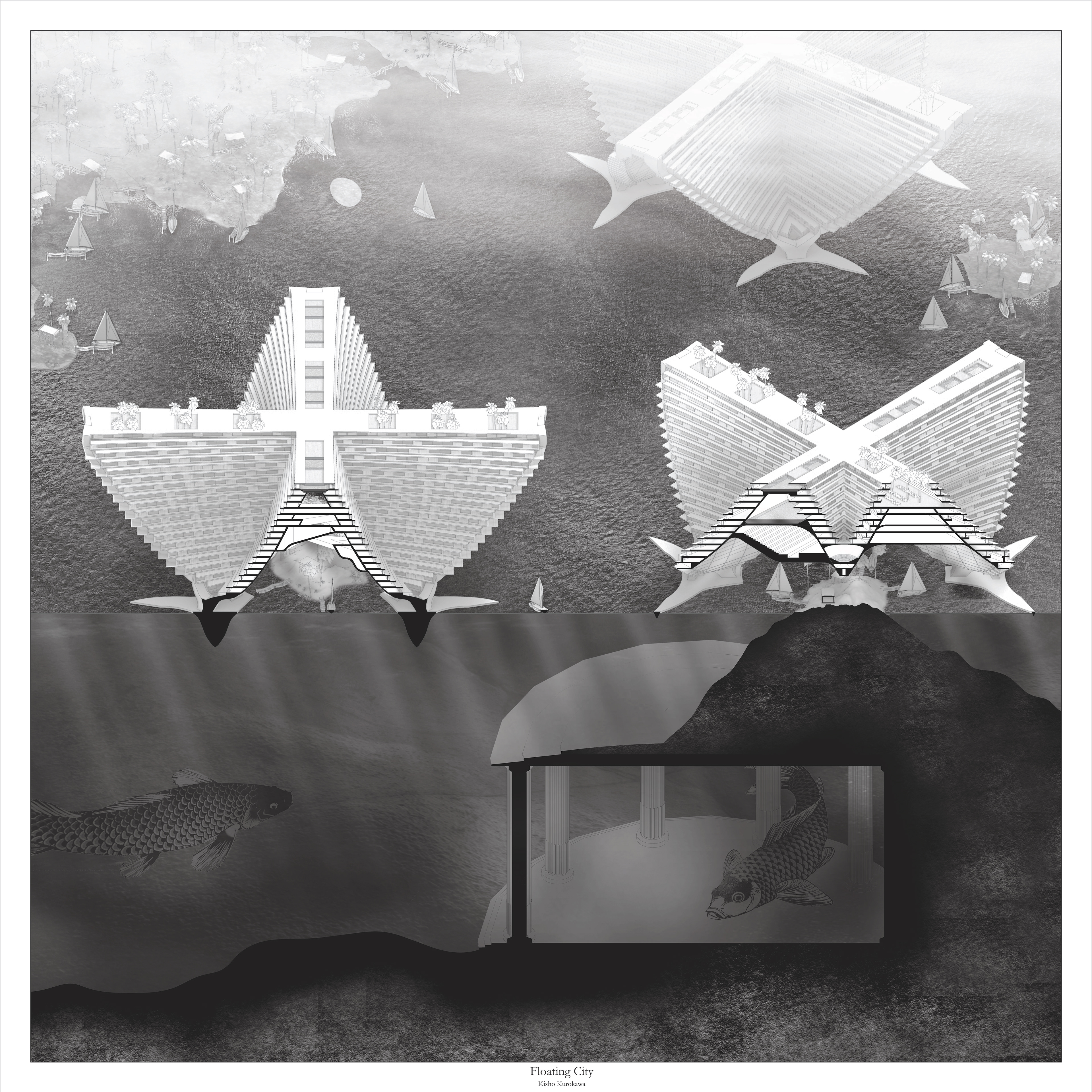 Section Isometric of The Floating City as designed by Kisho Kurokawa exploring the potentials of in-between sectional space within the structure.