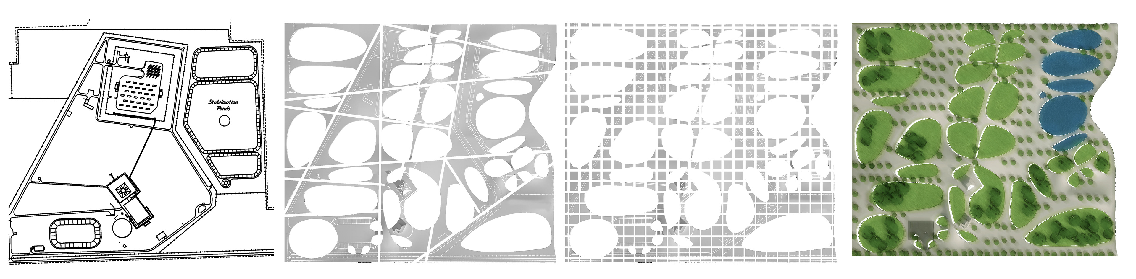 Site Plan Diagrams illustrating the intersection of context of the site and the Jeffersonian grid that gives order to the barren landscape.