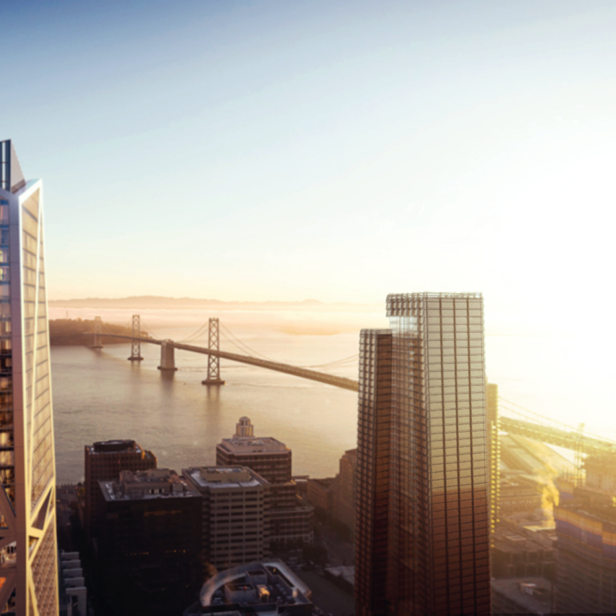 Skyline render showing the adjacencies of the waterfront and Bay Bridge and highlighting the saw tooth facade and transparent atriums throughout the building.