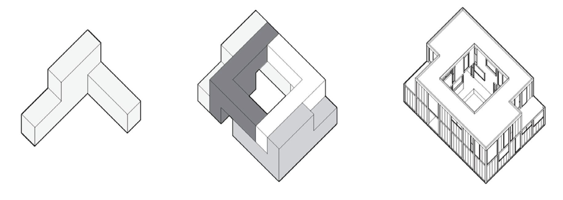 Formal Diagram showing the interlocking, multidimensional L shaped hosing modules, creating and interior courtyard and private terraces on the exterior.
