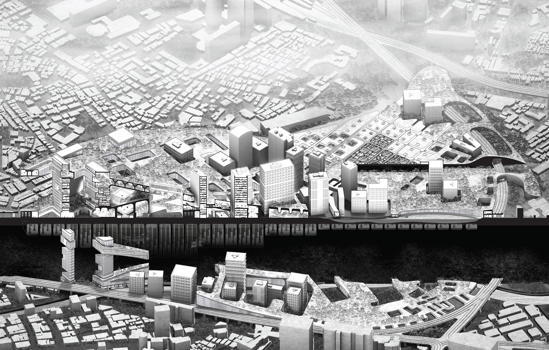 Section Isometric showing the blending of lifestyles in Southern Tokyo as defined by the existing rail and river passing through the neighborhood.