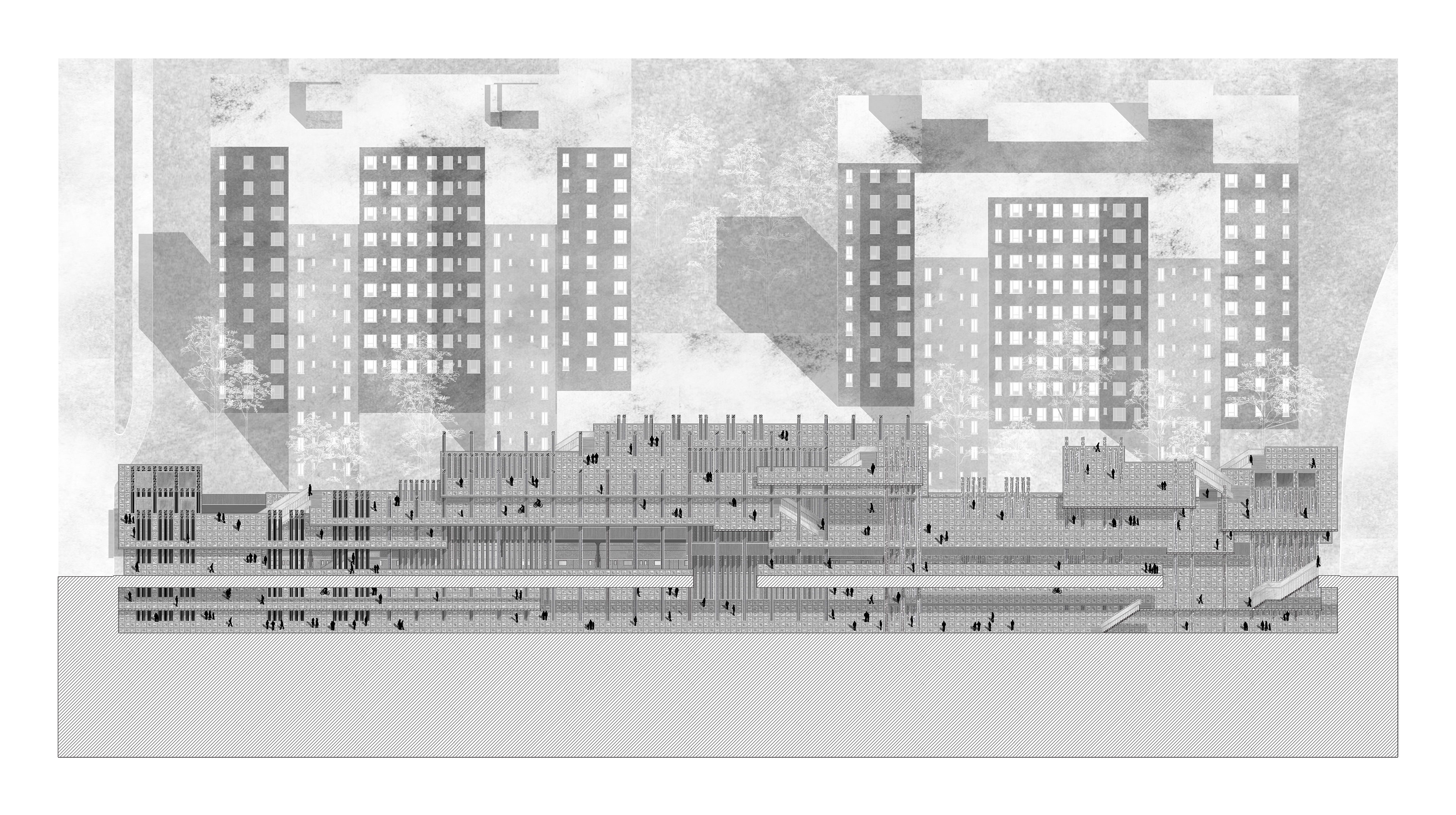 Section Oblique showing the extents of the subway station. From left to right, the station is divided into kiosk, portrait gallery, and wardrobe typologies.