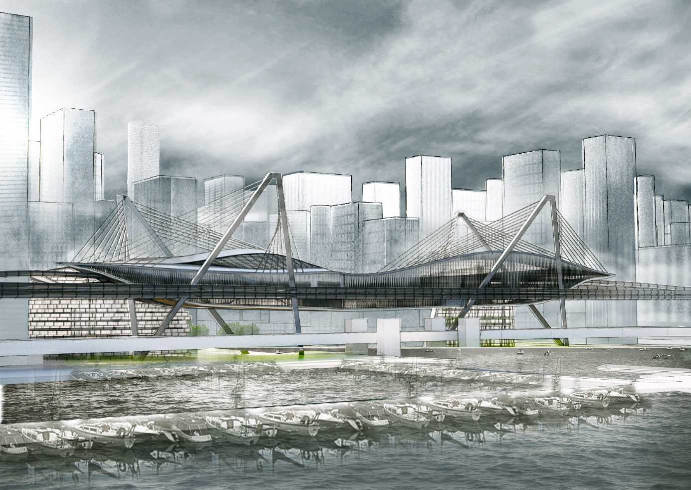 Perspective depicting the gateway created by the Hyperloop poised over the mouth of the Chicago River