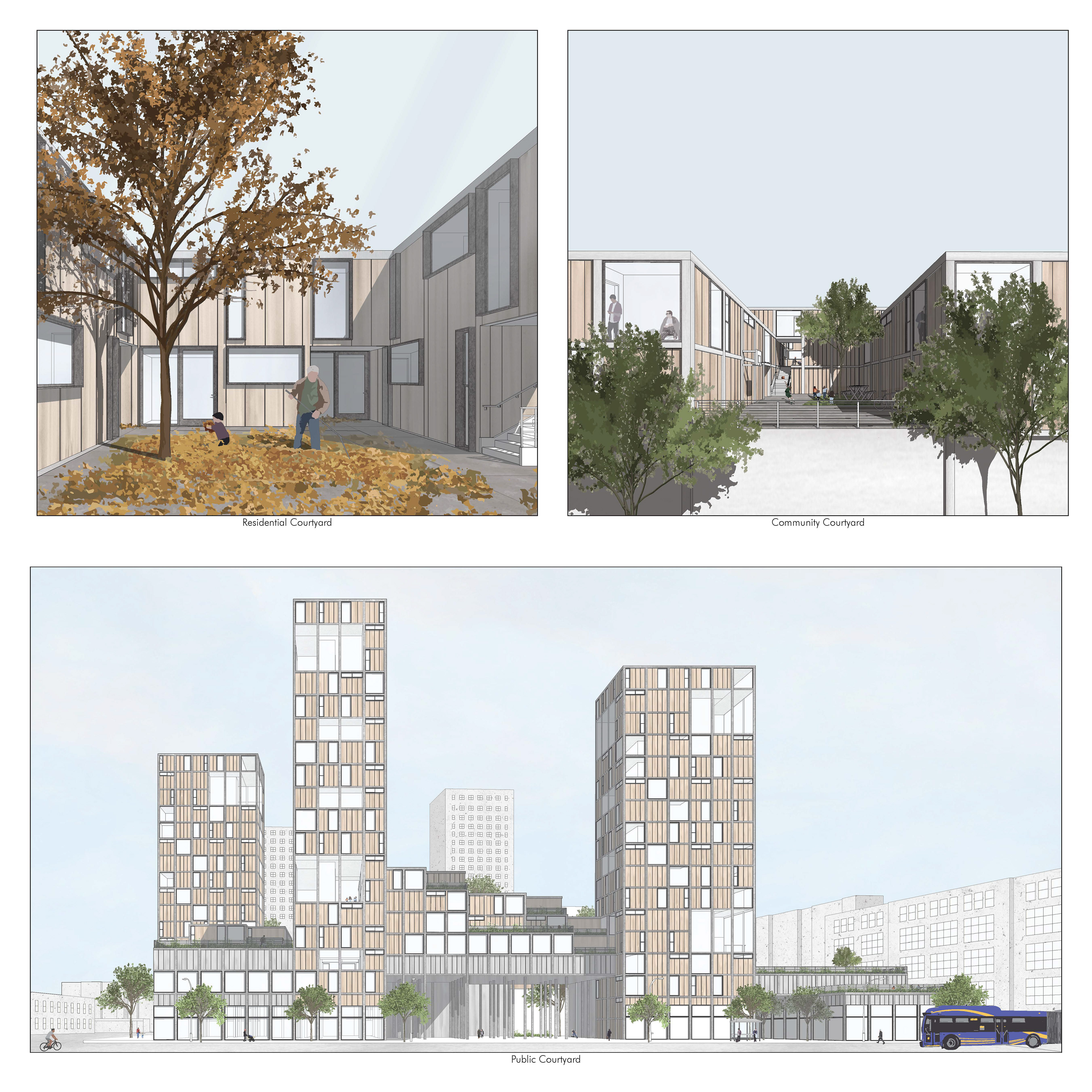 Illustrations of the potential for multigenerational sharing with the micro-communities formed within the courtyards, towers, and community spaces.