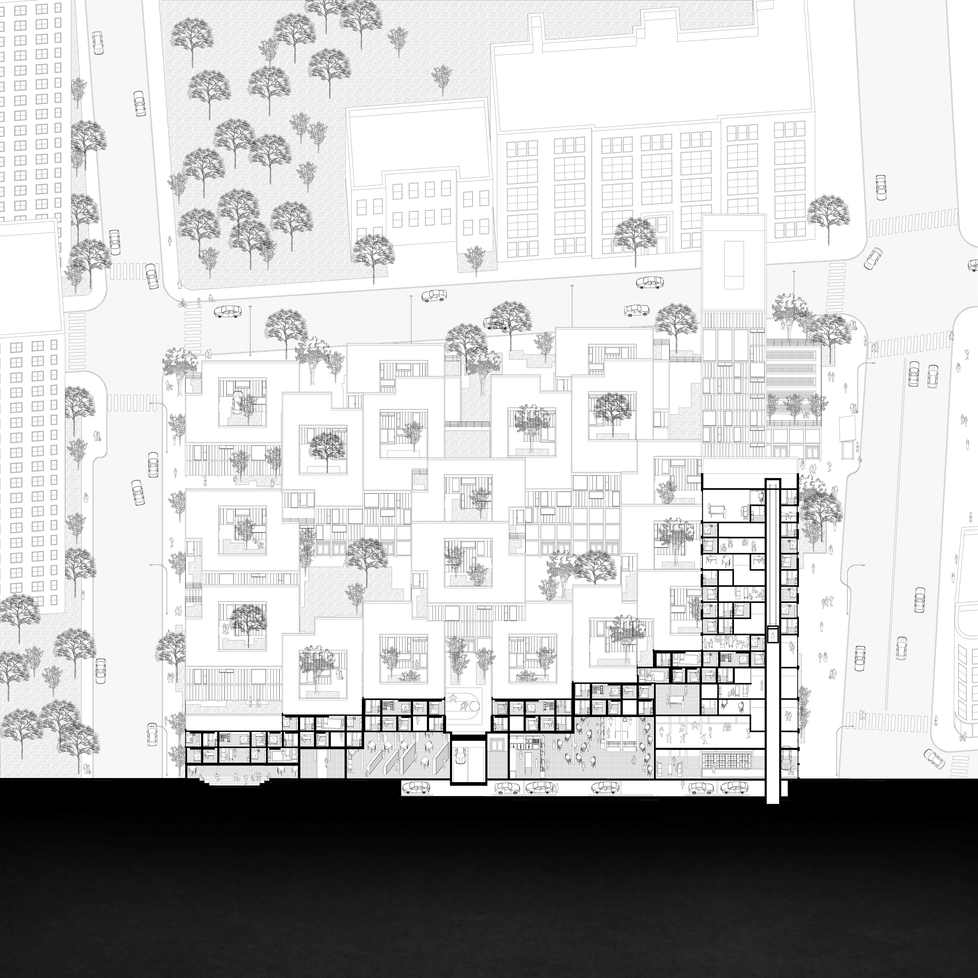 Section Oblique exposing the intricacies of the project as it blends a semi-private housing typology above with a series of public programs below.