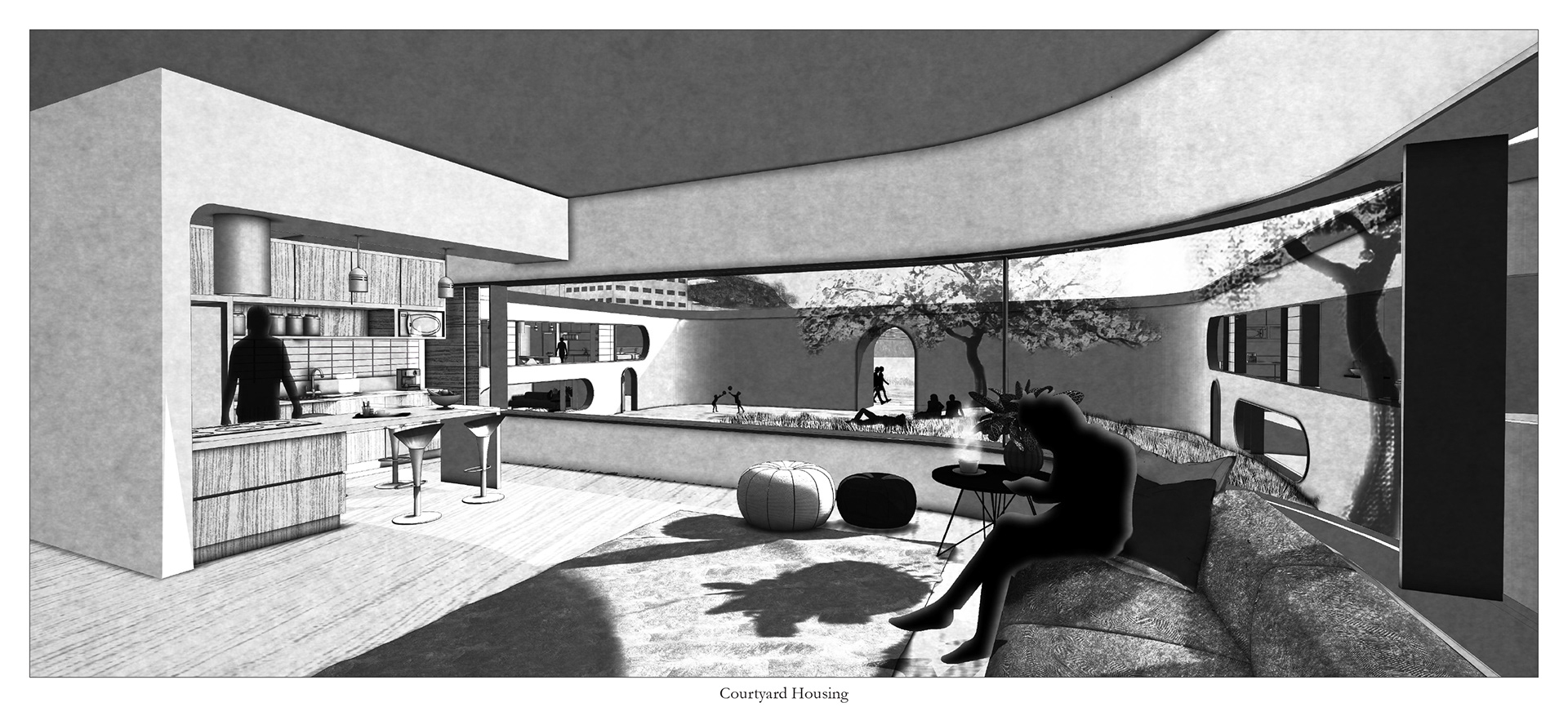 Courtyard House Perspective illustrating the new micro communities formed around the communal parks within the low density housing area of the neighborhood.