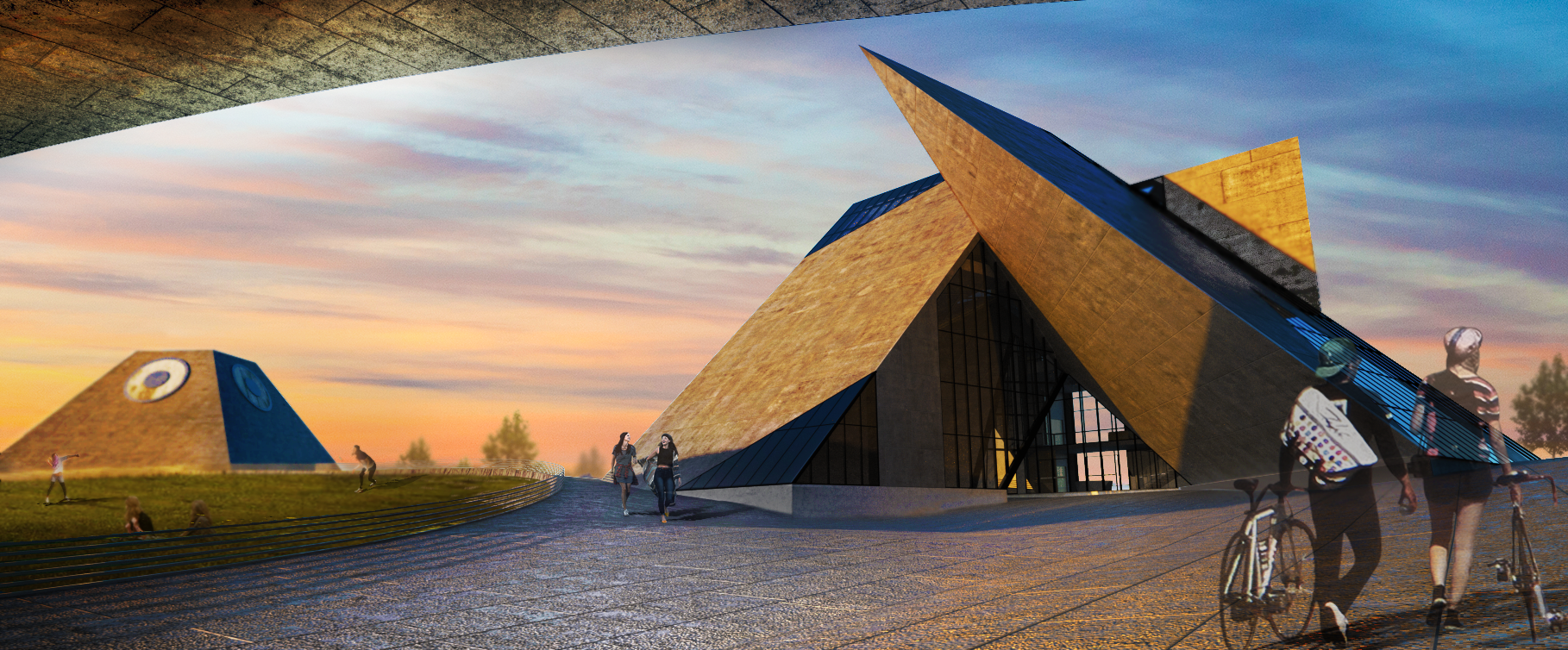 Rendering of the flowing concrete landscape juxtaposed with the existing installation and proposed visitor center.