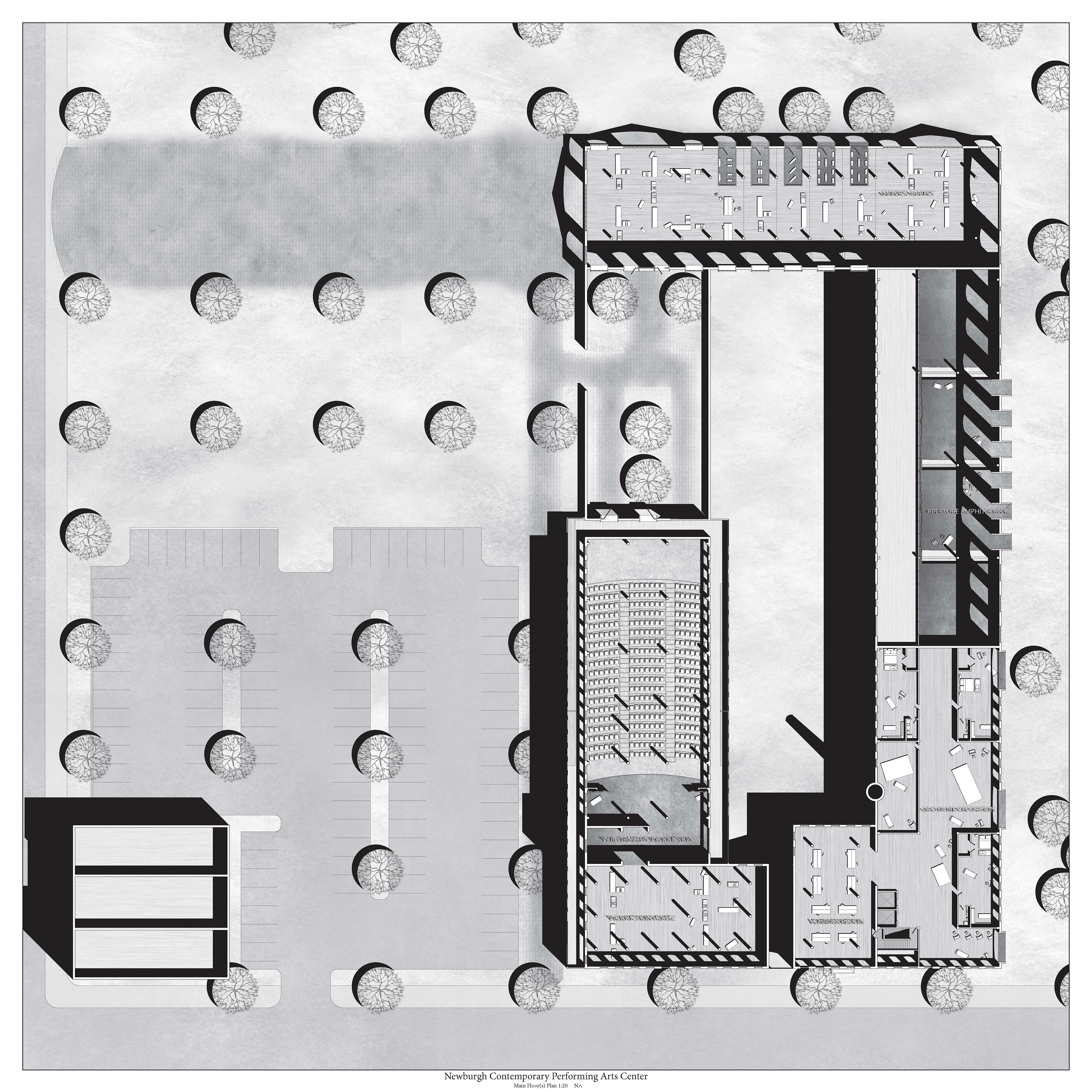 Site Floor Plan showing the blend of structure elements within and the landscaping without and the disbursement of program.
