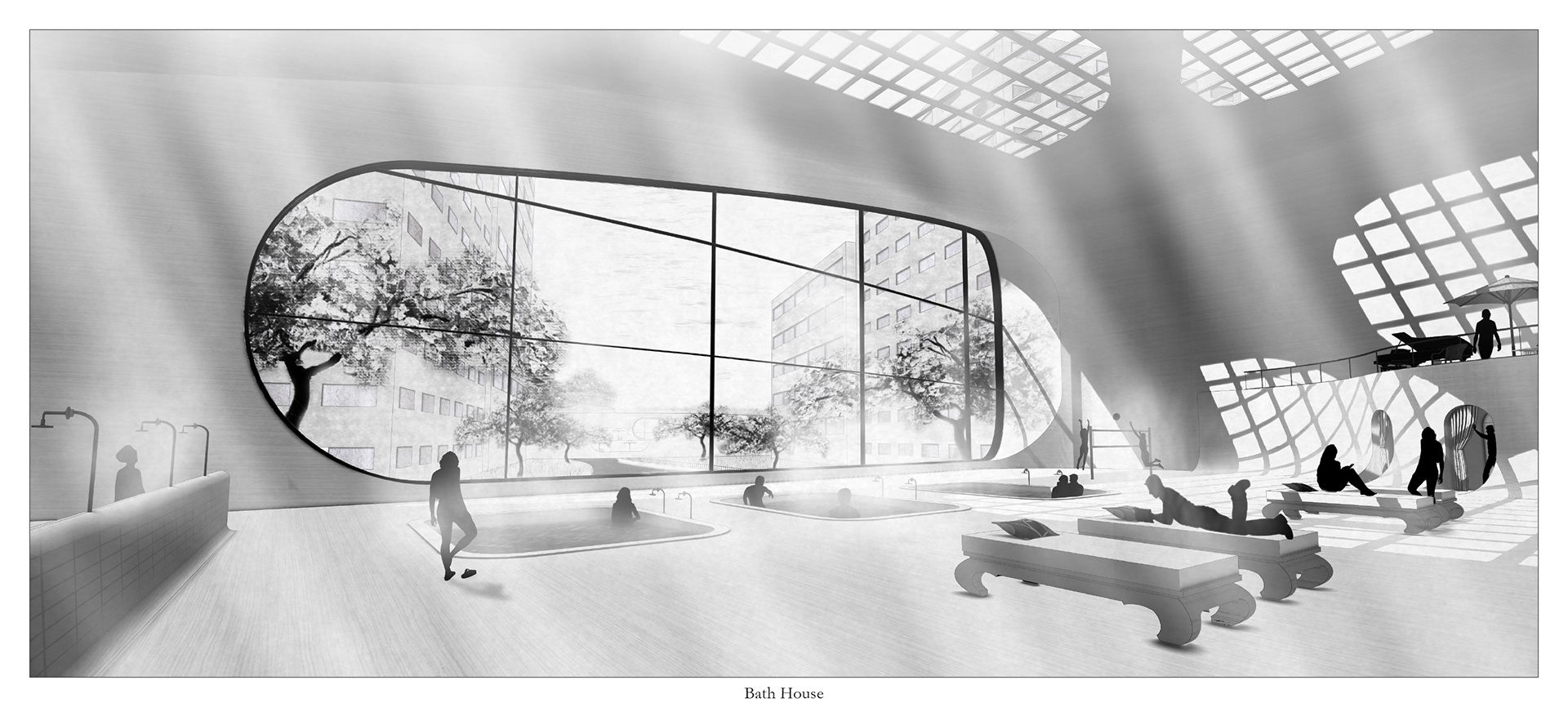 Bathhouse Perspective showing the retreat like qualities brought into the commercial districts of the city to promote additional social activities and connections.