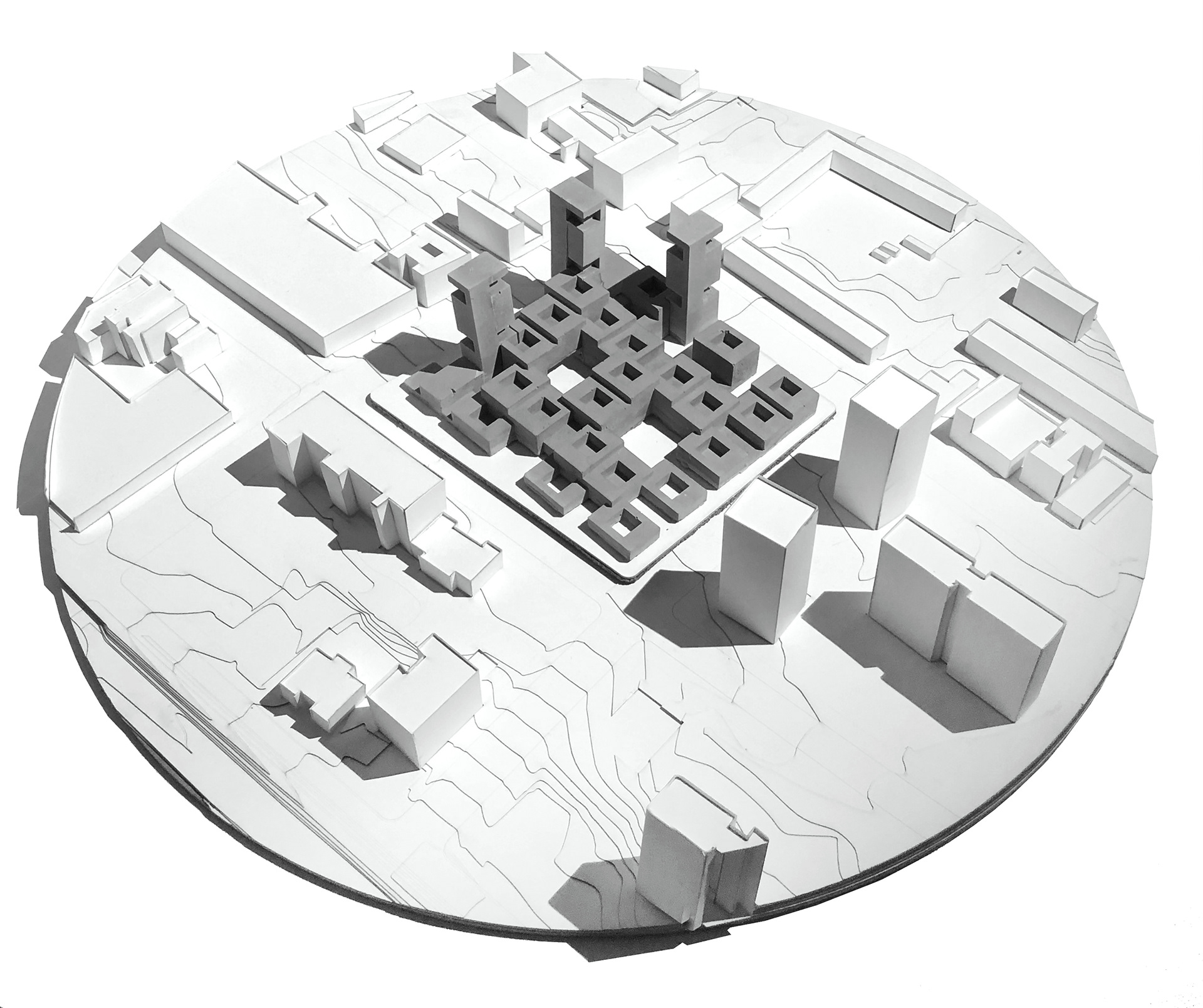 Cast Massing Model highlighting the solid and void porosity created by the courtyards throughout this full block housing project in the Bronx.