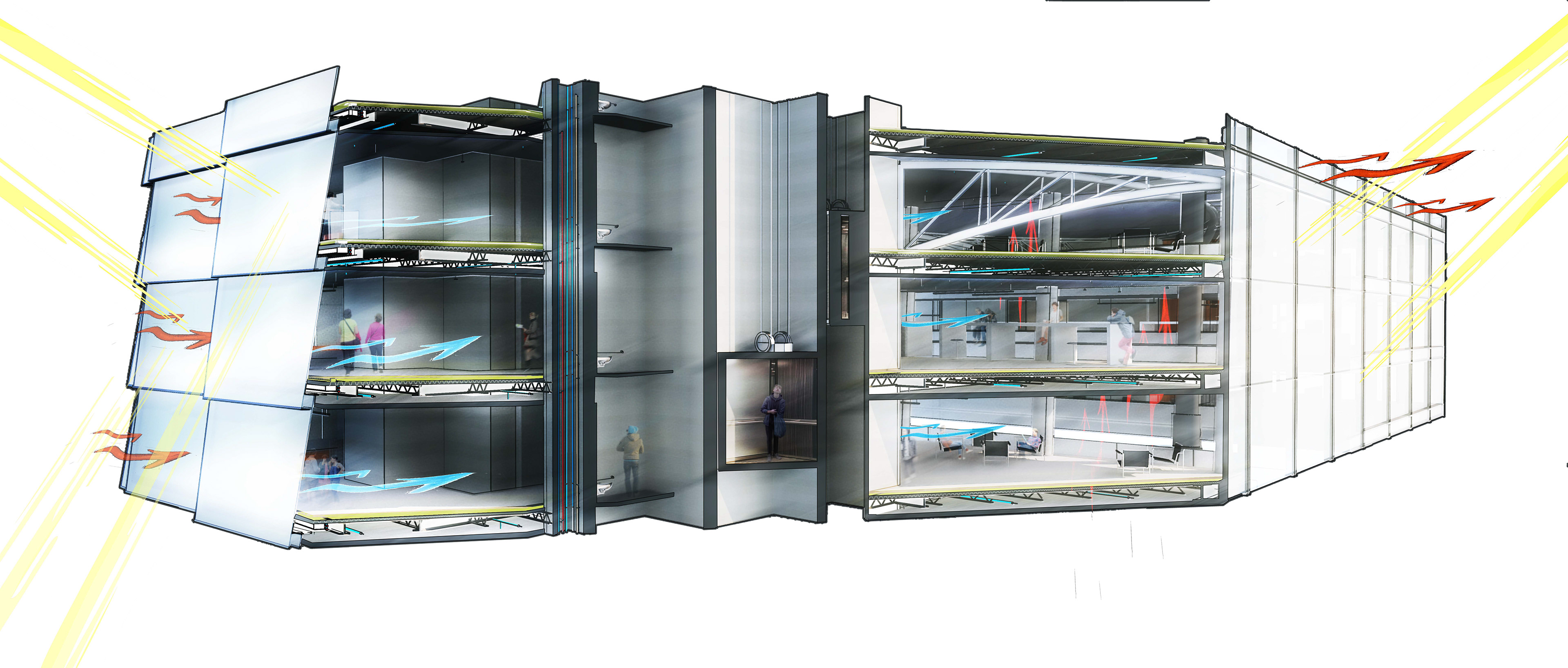 As warm air is pulled in through the facade panel it is conditioned and distributed to the office space before being naturally pulled into the atrium and evacuated through the facade.