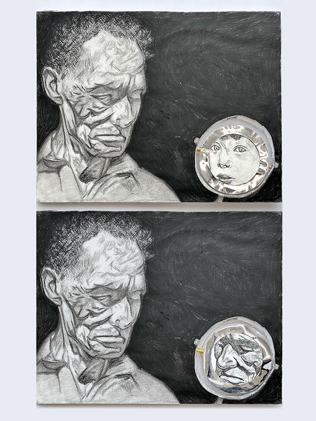 Interactive graphite and charcoal, reflective paper, 11x14 inch.