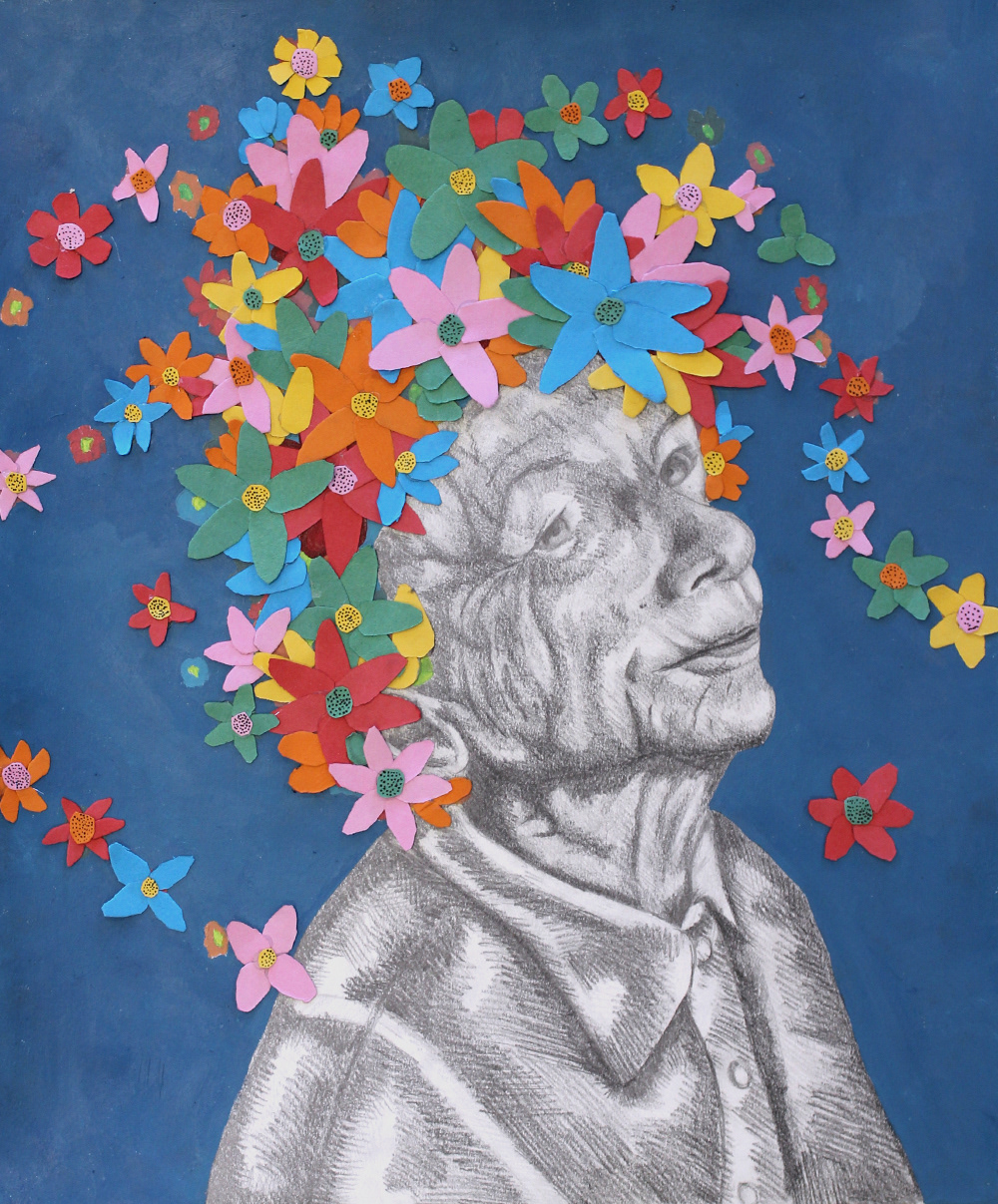 Graphite, acrylic, colored paper, 18x24 inch.