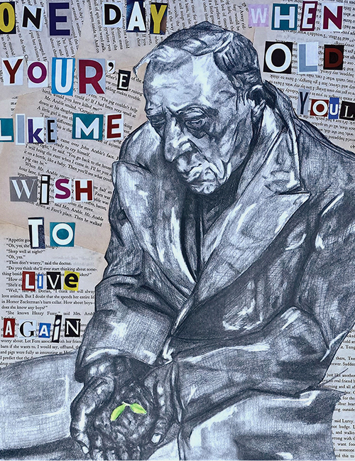 Graphite, collage, book pages, 18x24 inch.