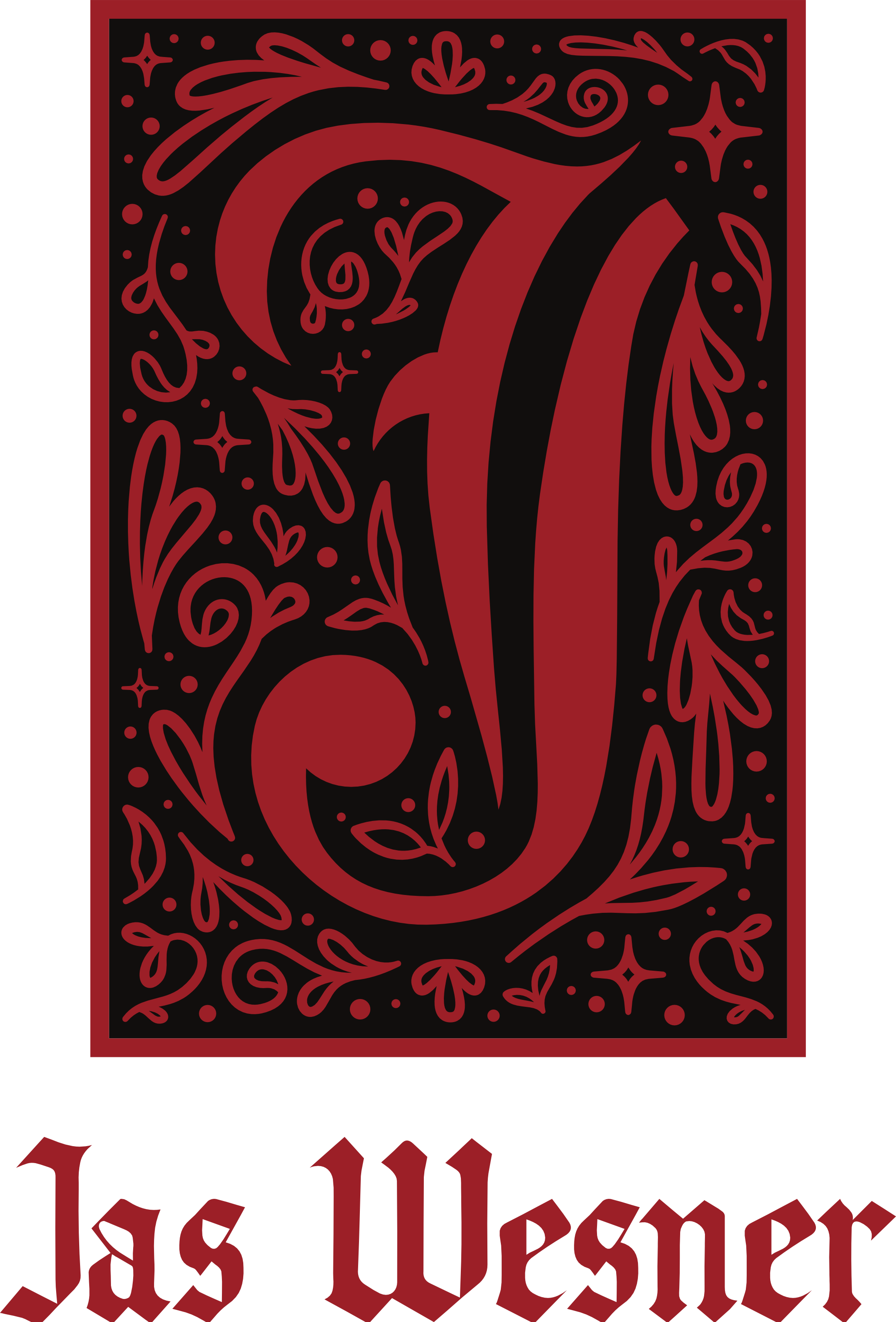 Logo depicting a hand-done blackletter 'J' within a frame and surrounded by illustrative fillagree, inspired by medieval-style drop caps. Below it reads "Jas Wesner," the name of the designer.