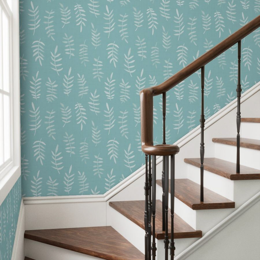 Cream Blue leaves wallpaper