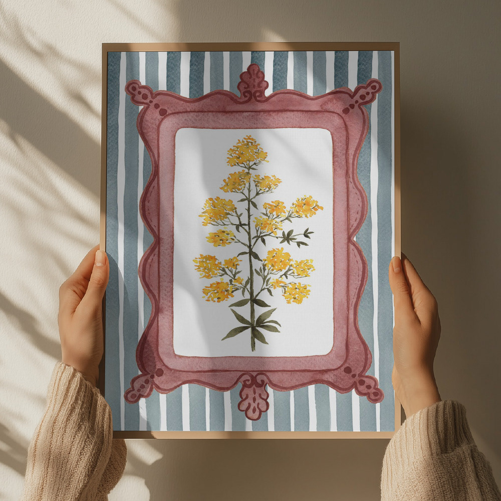 Botanical Lady's Bedstraw Illustration - Slate Blue Stripe