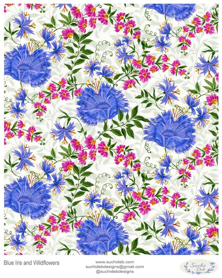 Wallpaper in Summer cottage garden blue iris and wildflowers