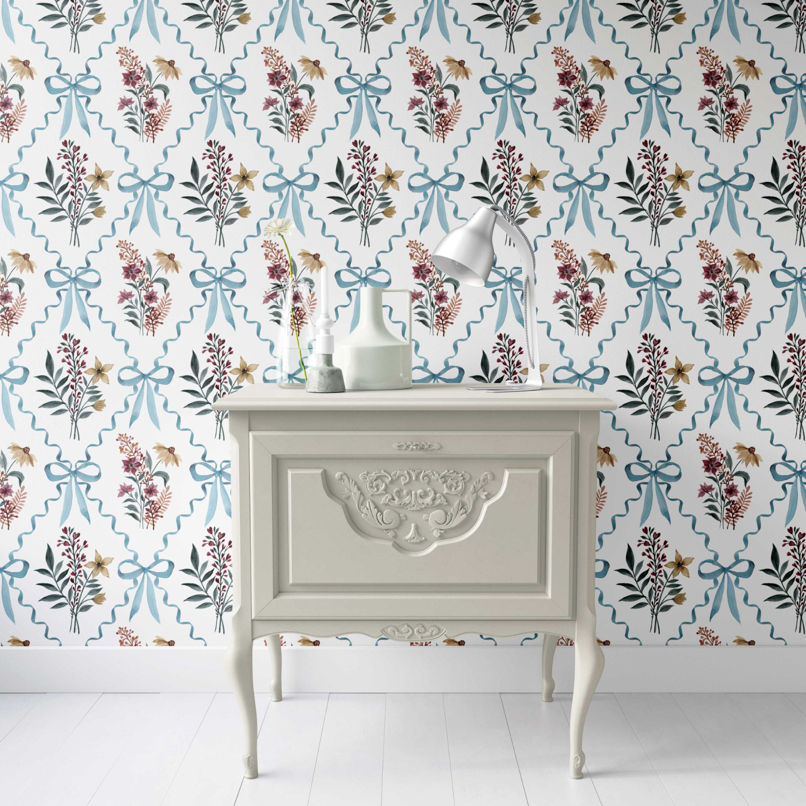 Prairie Florals with Blue Bows Wallpaper
