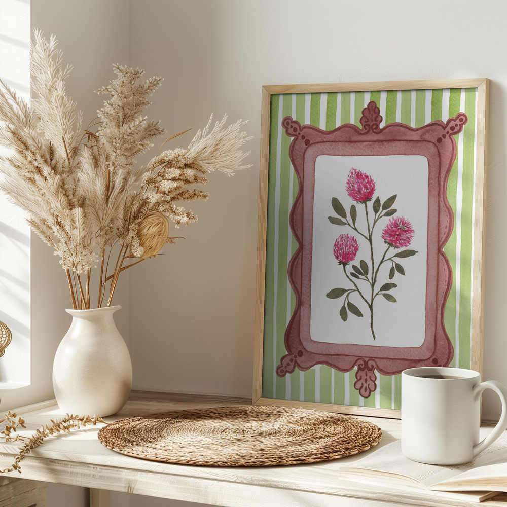 Red Clover in Ornate Frame - Spring Green Stripes