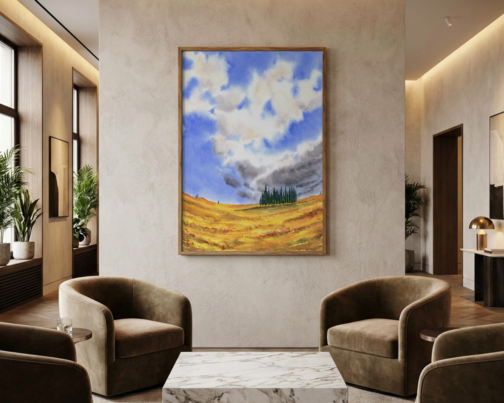 Golden Hour Countryside Illustration - Blue Sky and Hills