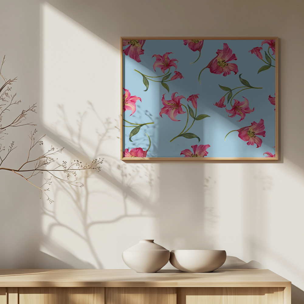 Watercolor Lily Tossed Floral in Sky Blue background