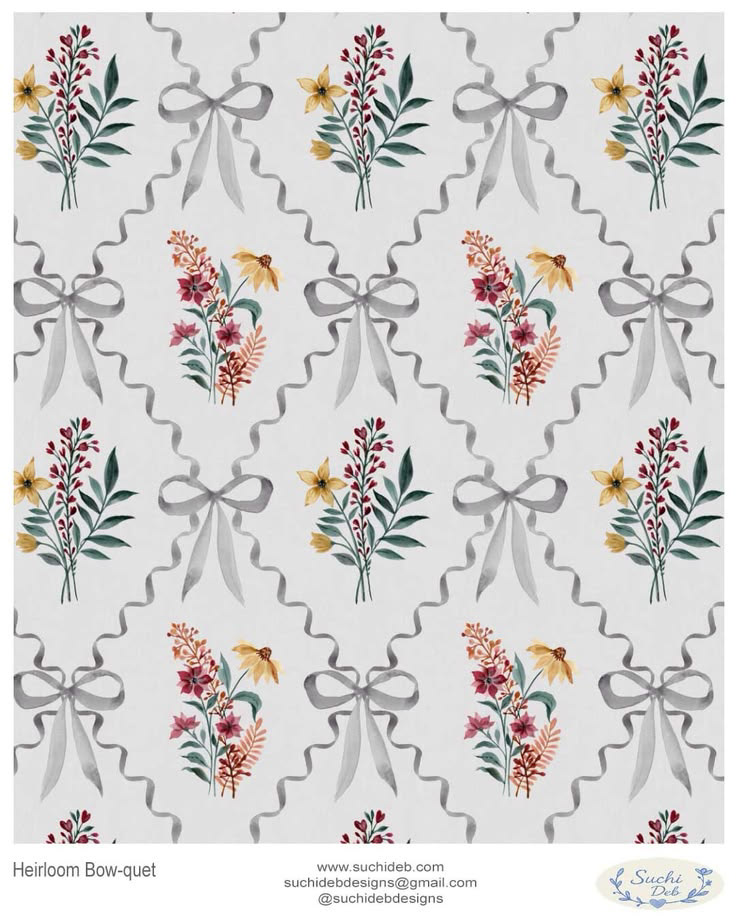 Watercolor prairie florals and bows on harlequin-sage green wallpaper