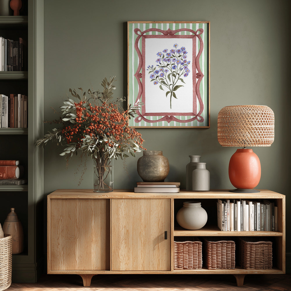 Asters in an Ornate Frame - Sage Green Stripes
