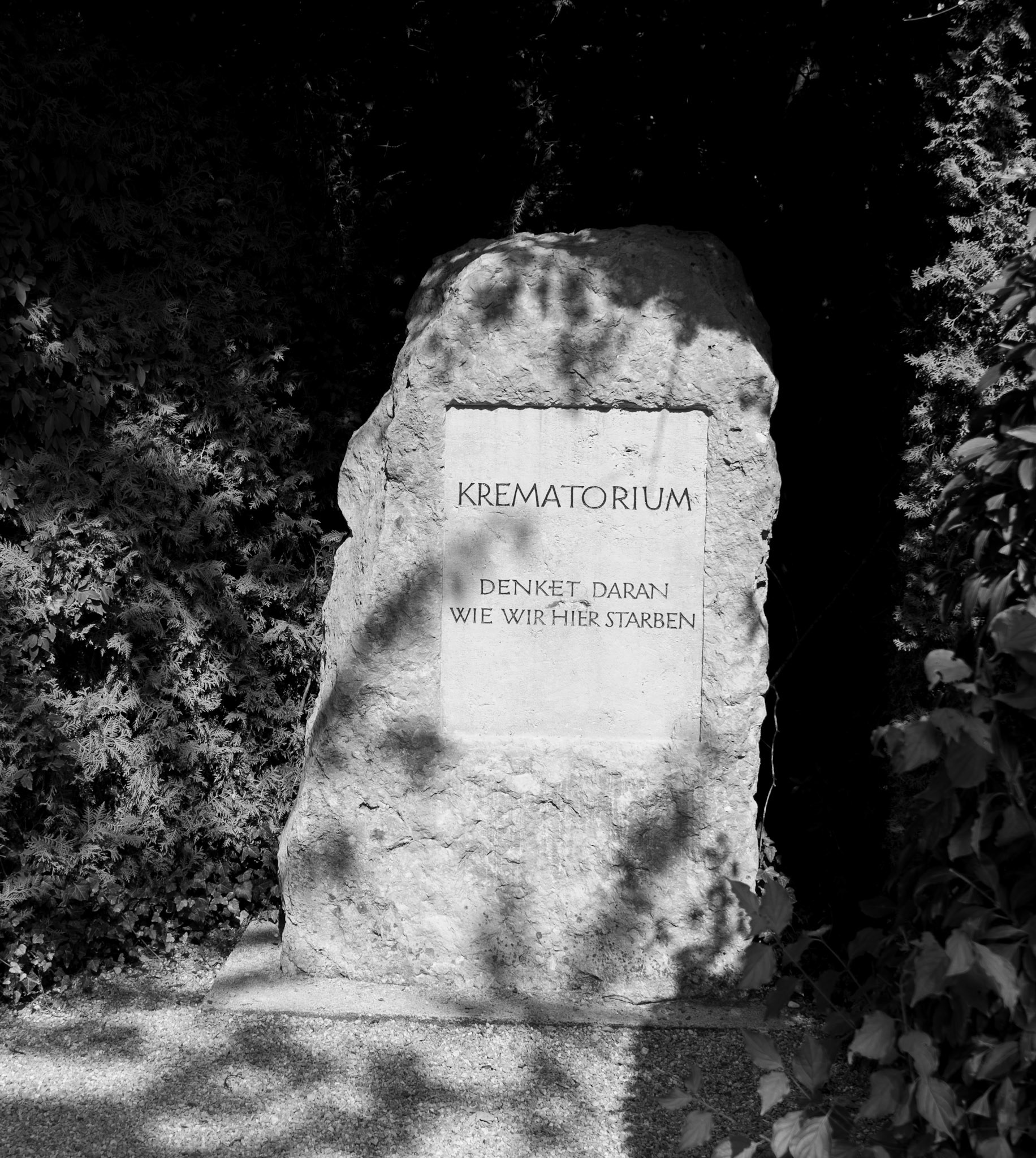 This stone was erected after liberation to memorialize the crematorium on the grounds. Dachau has two crematoriums with a total of 6 ovens. Dachau was not intended to be an extermination camp. It became one in 1942 and was primarily used to determine how to exterminate. The inscription on this stone translates to, “Remember how we died here”